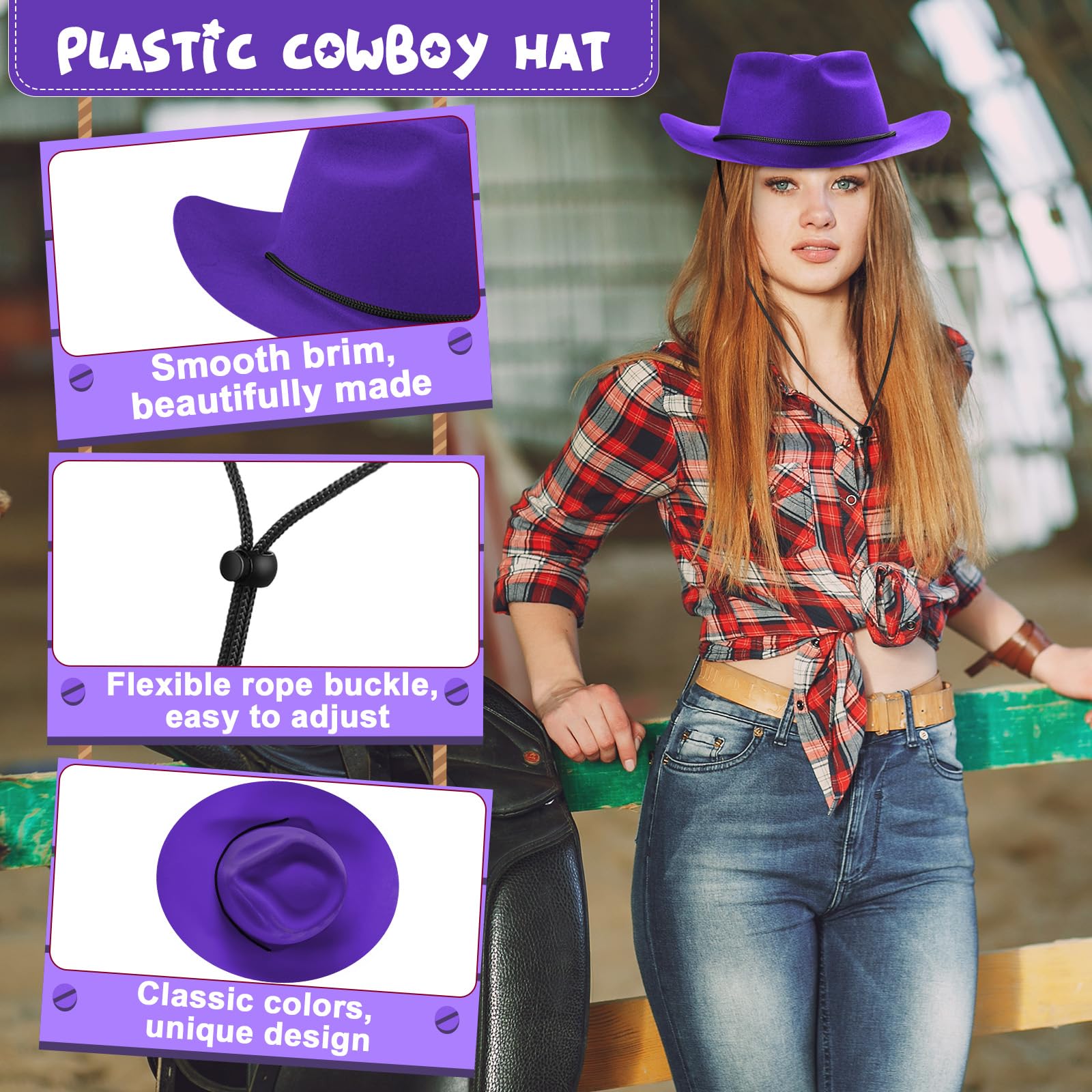Hicarer Set di 12 cappelli da cowboy usa e getta in plastica, per feste, in feltro, a tesa larga, per uomini e donne