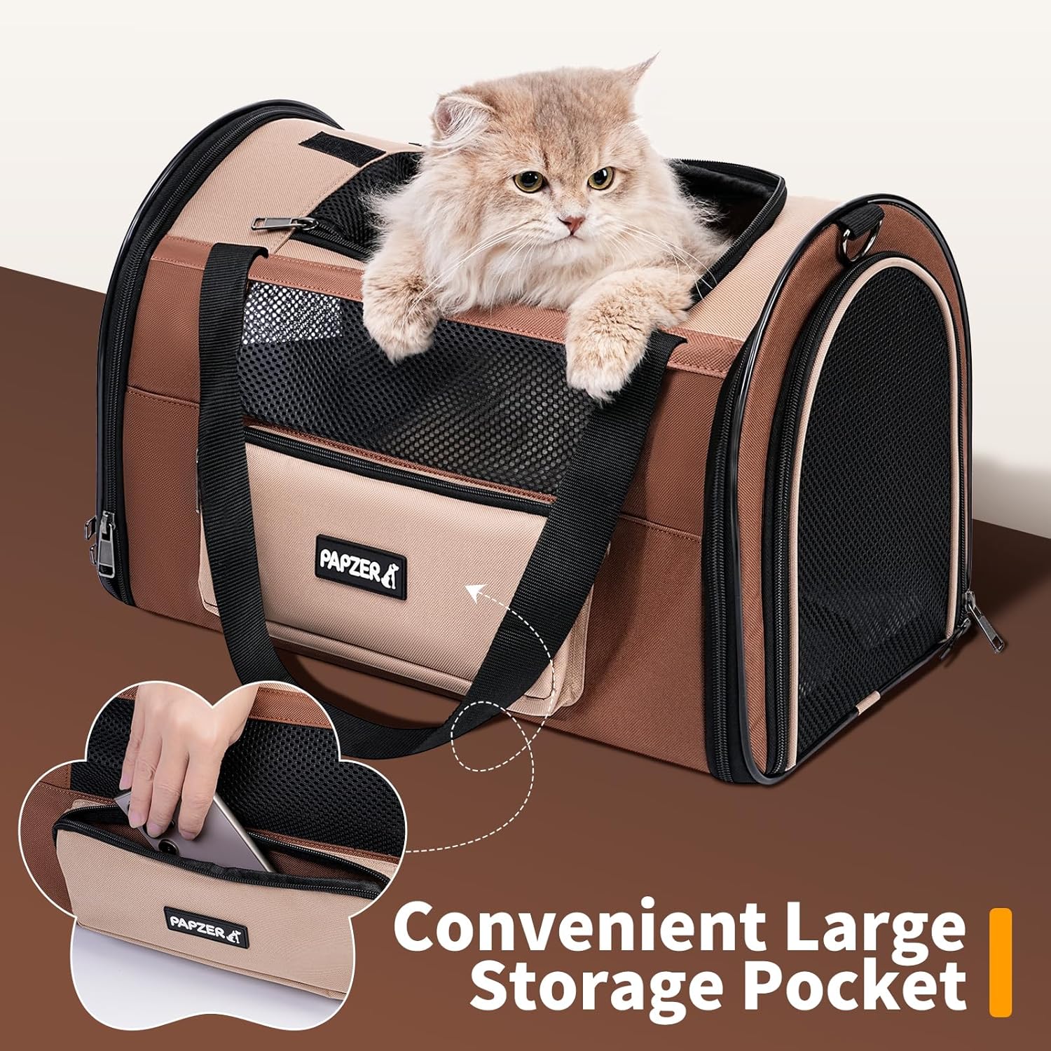 Collapsible Small Pet Carrier for Cat 15 lbs with Fashion Pocket, Lightweight Sturdy Travel Carry Bag Little Puppy Dog, Breathable Stylish Kitten Soft Cage Kennel, 17.7x11.0x11.8 Inch Khaki