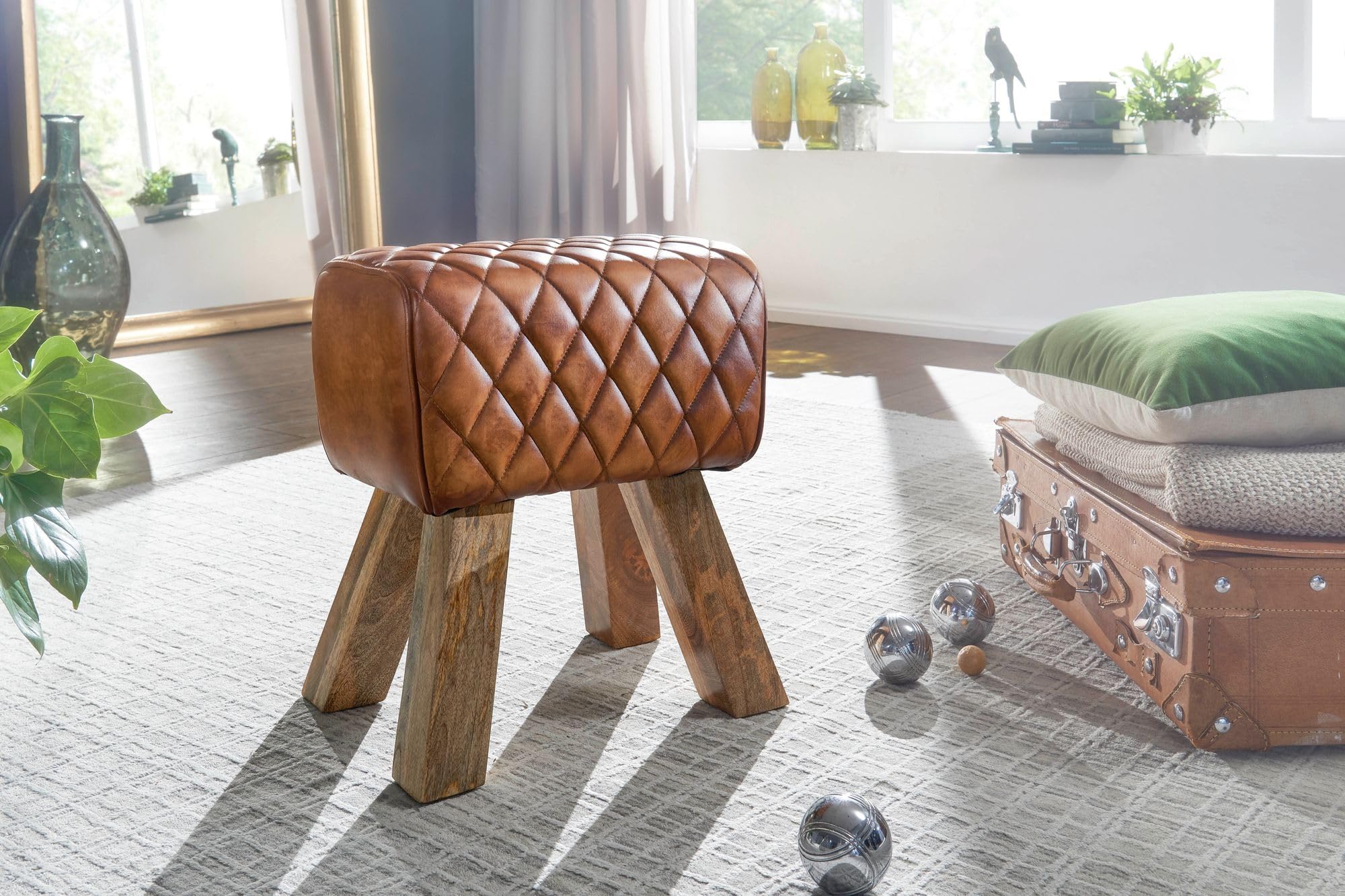 FineBuy Sitzhocker Turnbock 40x27x48 cm Echtleder Massivholz Braun