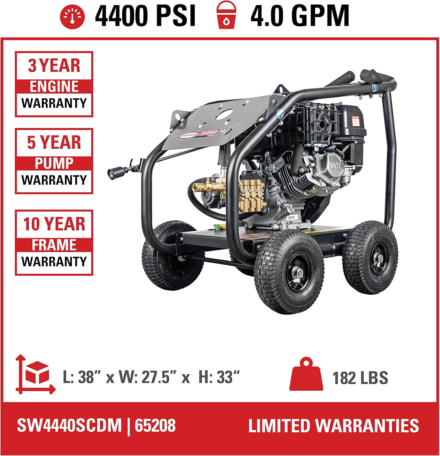 Simpson Cleaning 4400 PSI Gas Pressure Washer, 4.0 GPM Power Washer for Industrial Use, CRX 420 Engine, 50-Foot Steel-Braided Hose, SuperPro Roll-Cage, 49-State (SW4440SCDM)