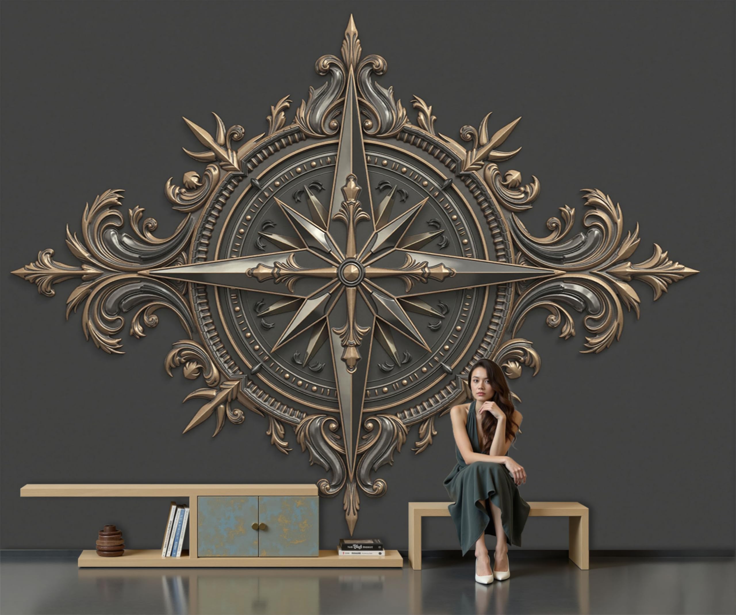 Papel Tapiz Fotográfico Estilo Náutico Retro Europeo, 350x250cm Papel Pintado Panorámico Brújula De Lujo Oscuro Mural de Pared Decoración De Pared para Sala Cuarto Oficina Salón, Gris Oscuro