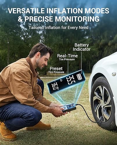 Miniatura 11 de AVAPOW Compresor de aire portátil para inflador de neumáticos, bomba de aire inalámbrica de 150 PSI para neumáticos de automóvil con medidor