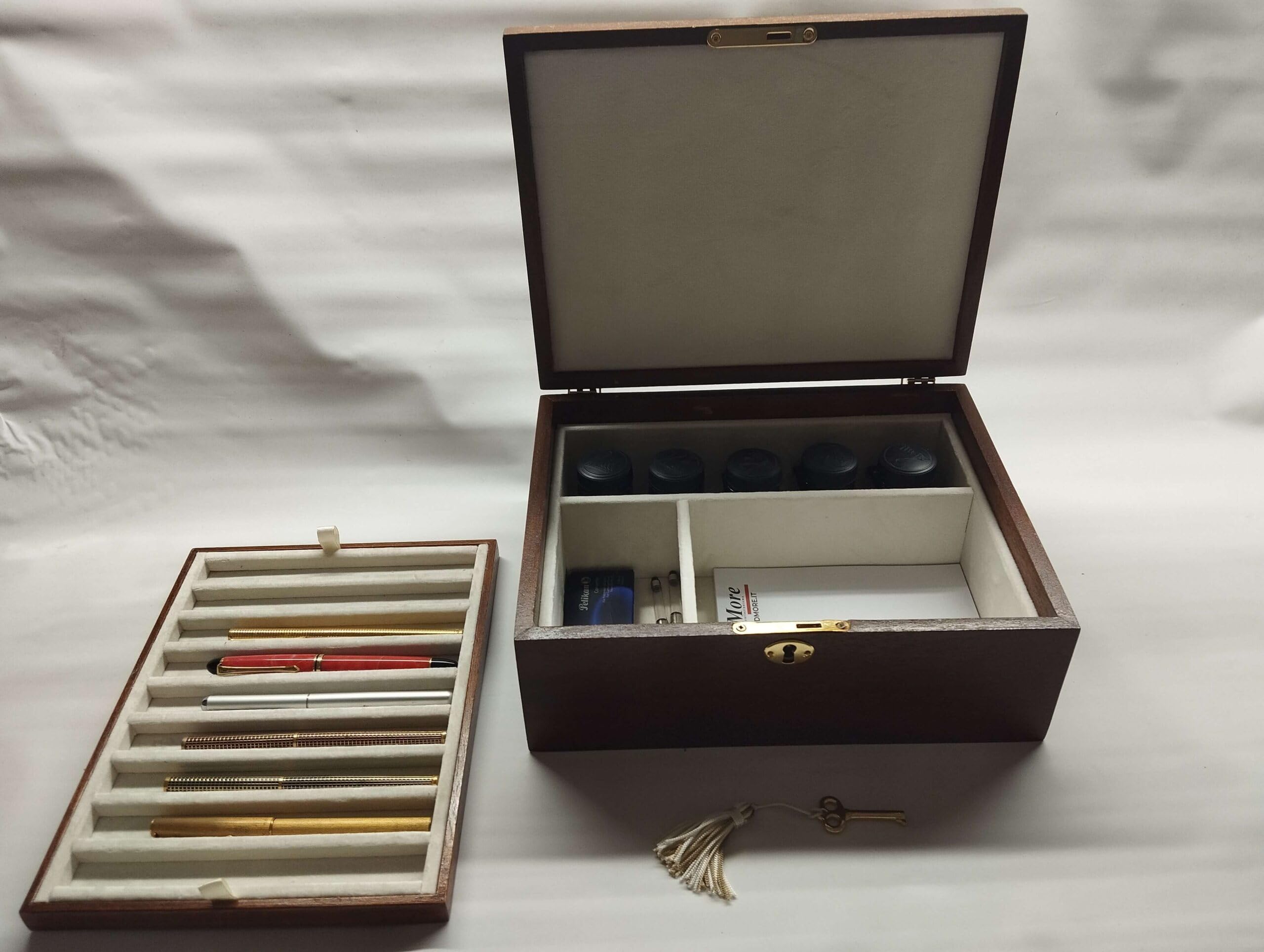 Plumier en bois de bouleau fait main, coffret pour stylos plume avec plateau amovible, 9 compartiments et velours intérieur, artisanat italien