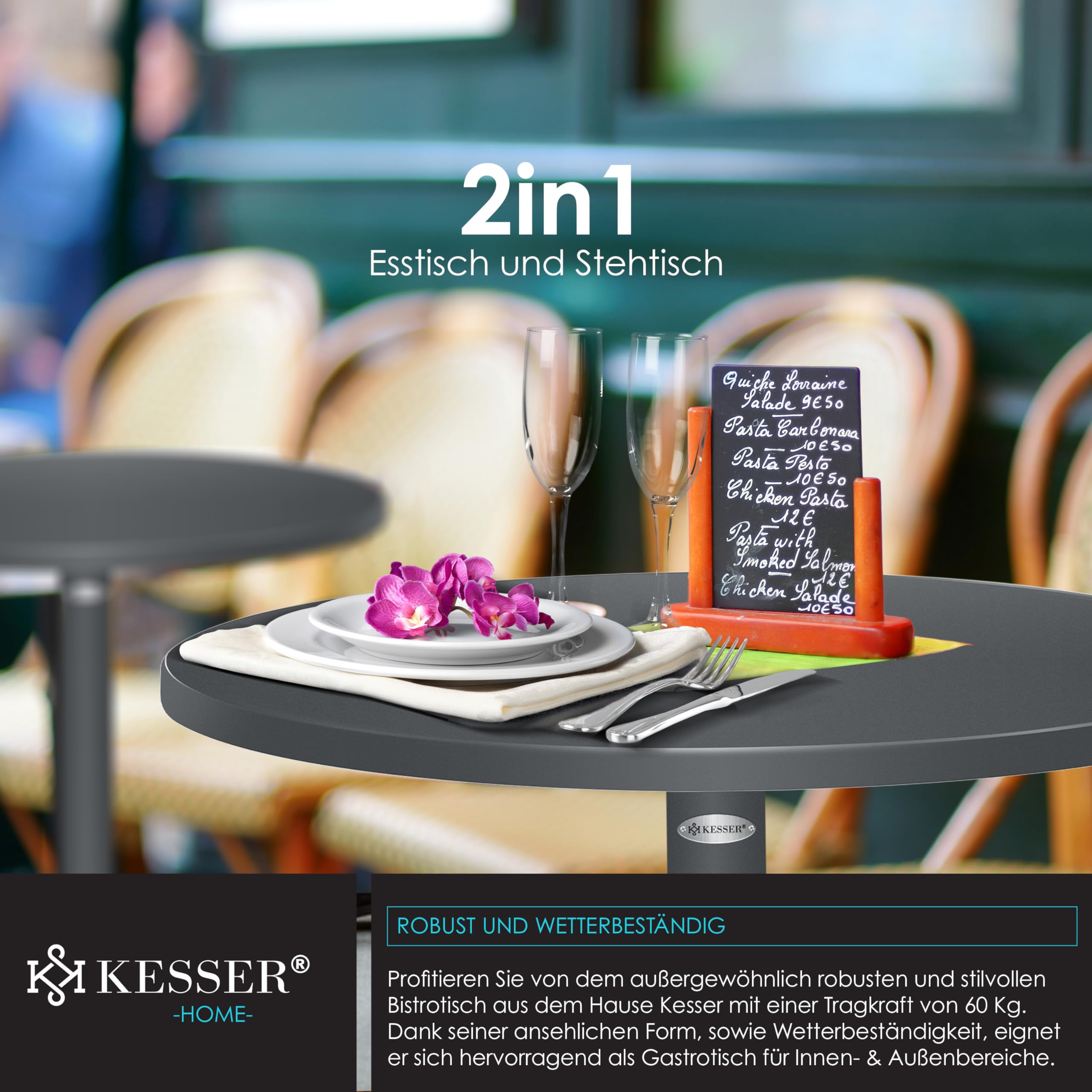 KESSER Table de bistrot pliable 2 en 1 - Plateau aluminium acier inoxydable - Hauteur réglable 70/115 cm - Ø 80 cm - Intérieur extérieur