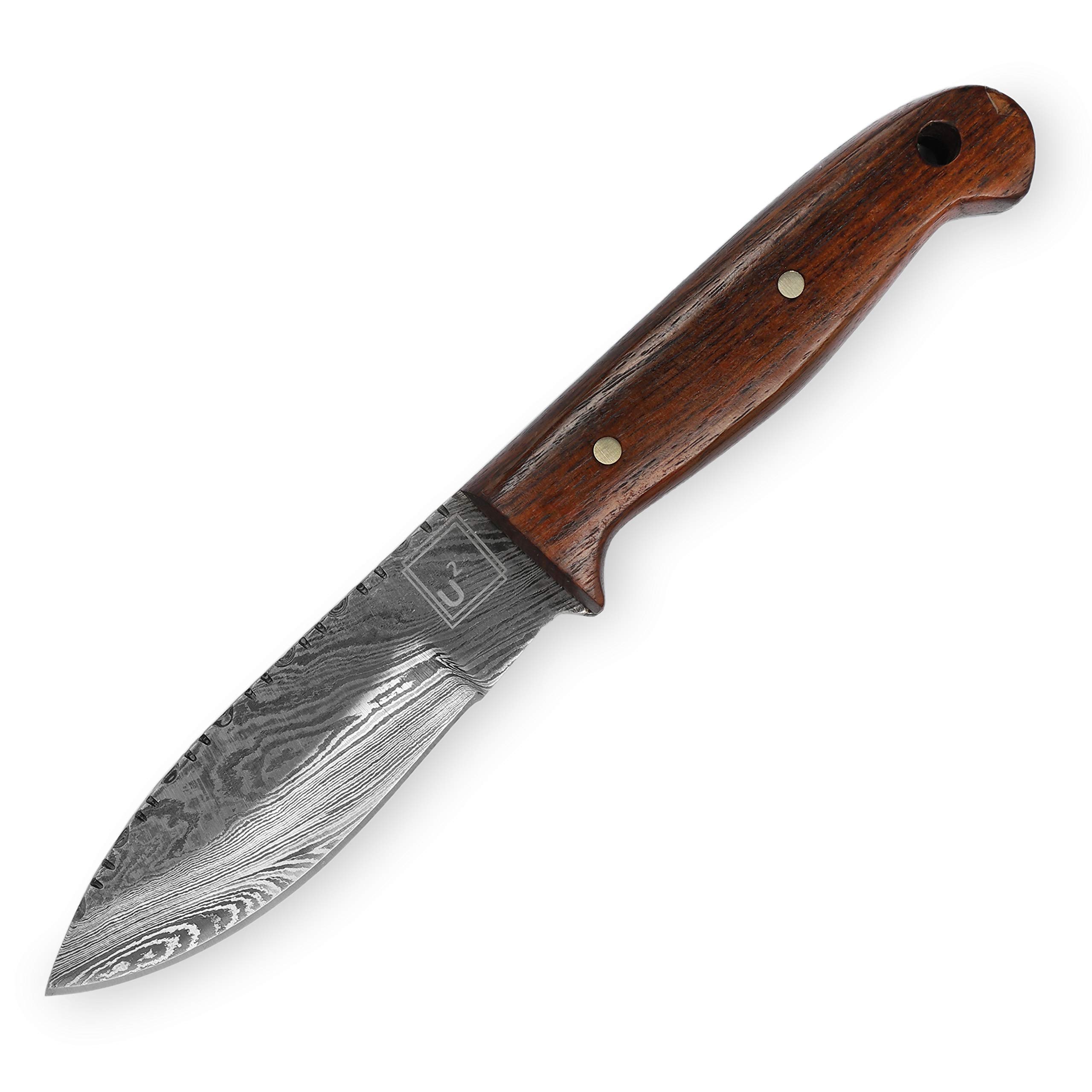 USQUARE UE-022, 20,32 cm nóż myśliwski ze stali damasceńskiej z pochwą, nóż ze stałym ostrzem, nóż Bushcraft, uchwyt z drewna orzecha włoskiego, Full Tang, zaprojektowany na polowanie i kemping