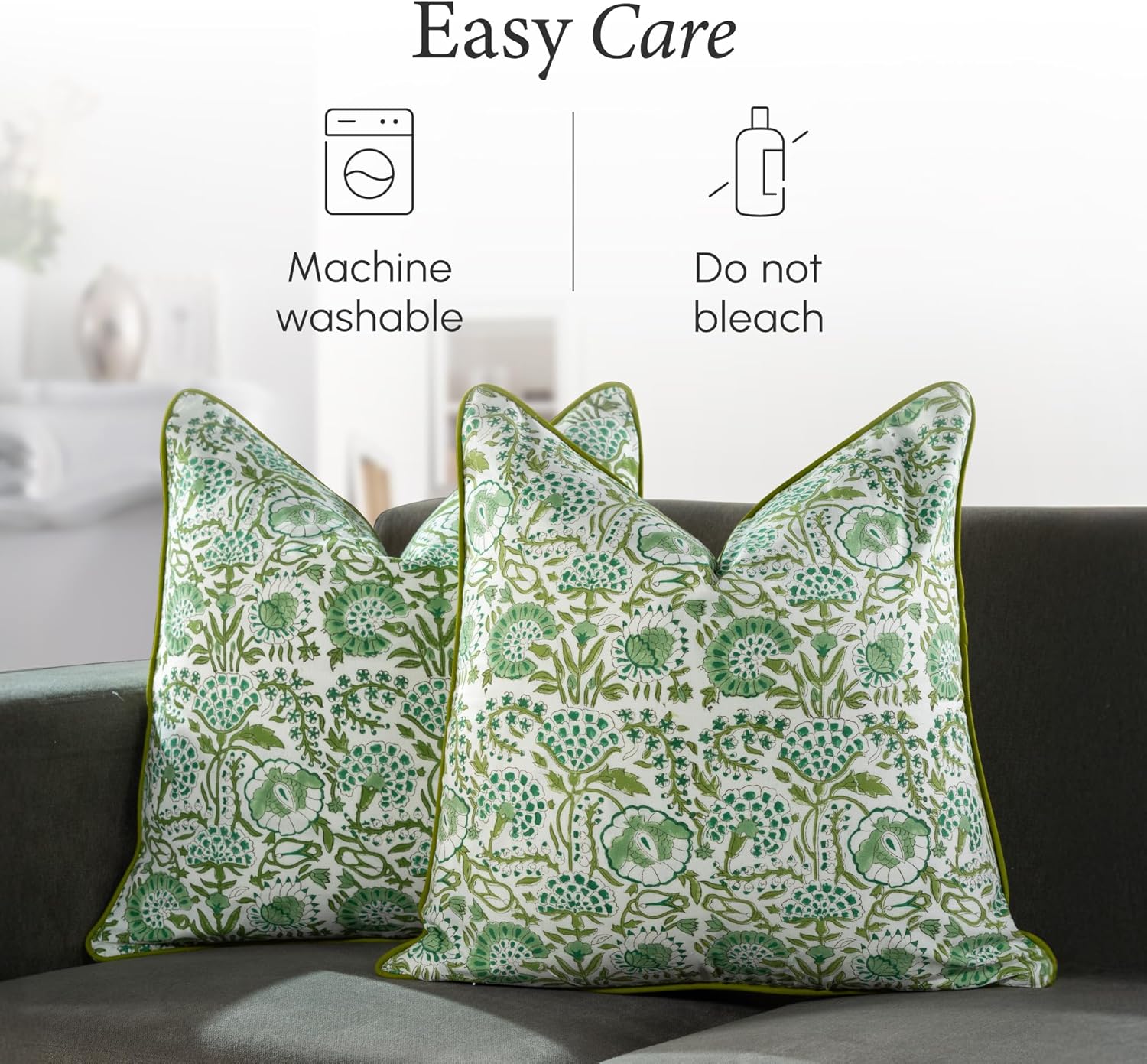 CPC 100% Cotton Throw Pillow Covers 18x18 Inch, Set of 2 Green Block Print Pattern Couch Pillow, Cute Boho Decorative Pillows for Living Room, Bedroom with Hidden Zipper- Agate Green - Image 8