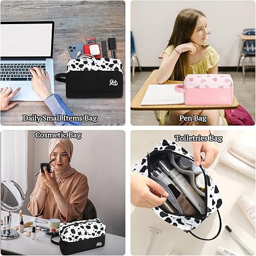 Miniatura 3 de Ryushoyo Juego de 2 piezas de artículos de tocador de viaje impermeable maquillaje electrónico lápiz organizador bolsa con asa, Rosado Flamingo, Moda