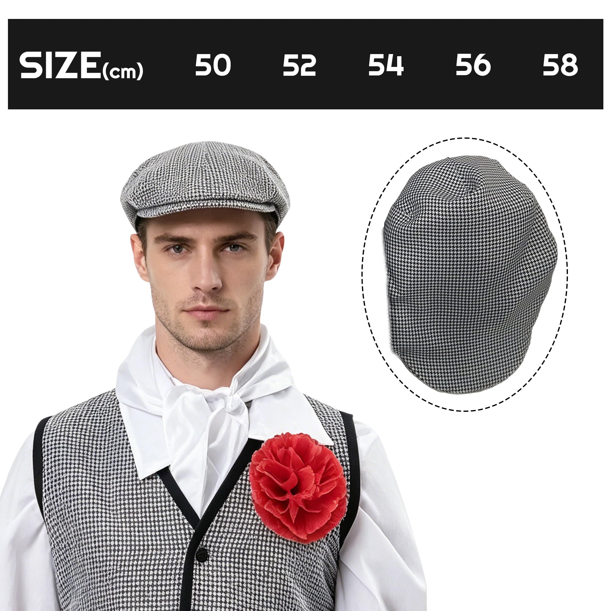 Wildarms Gorra Chulapo Cuadros Blanco y Negro – Boina Tradicional Madrileña para Disfraz Chulapo Hombre y Mujer, Accesorio Fiesta San Isidro Carnaval — view 6
