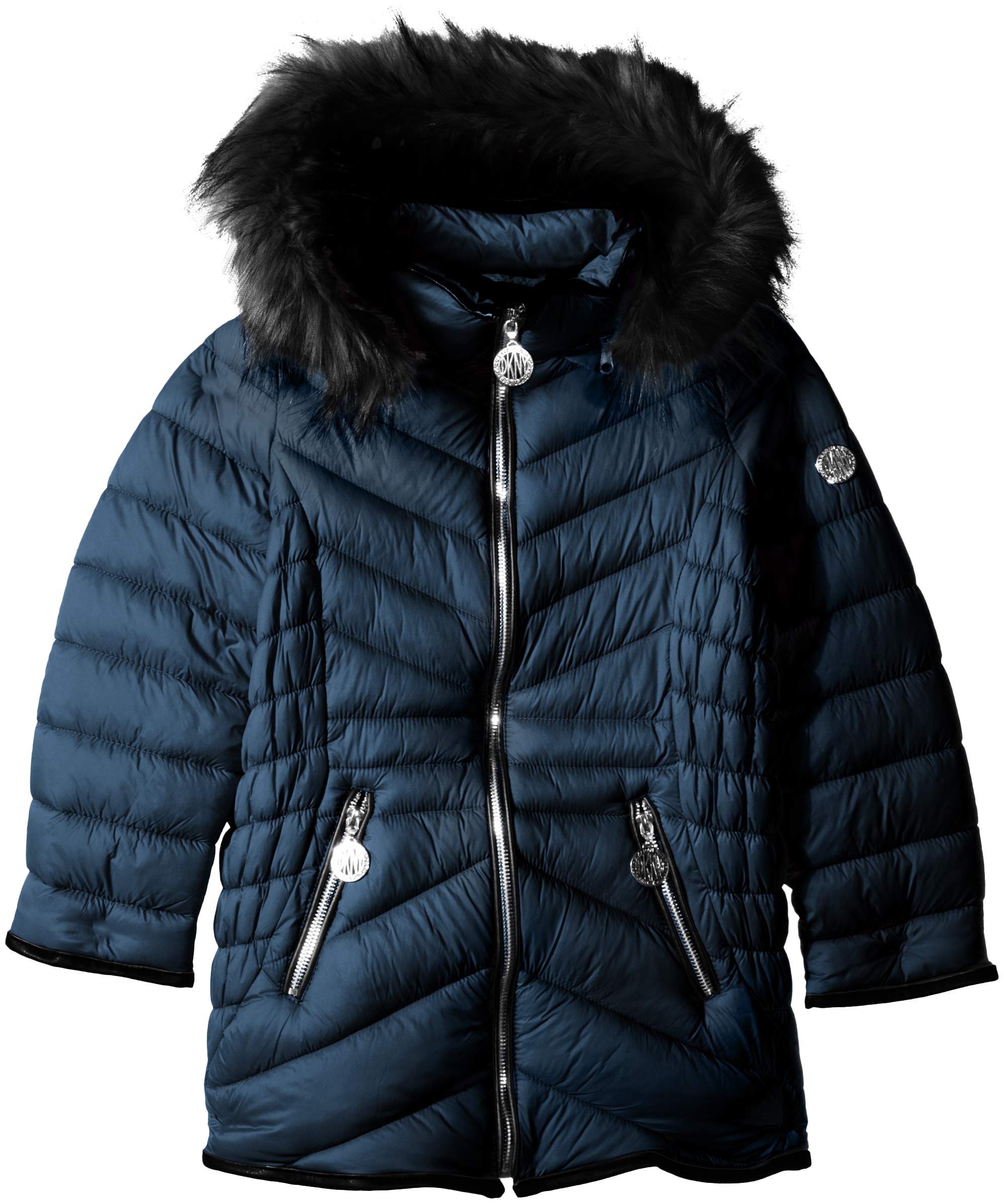 DKNY Girls' Bubble Jacket with Faux Fur Trim