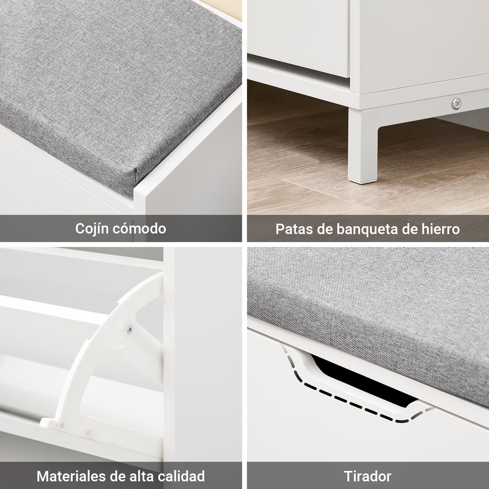 SoBuy Banco Zapatero con Asiento 105x24x52cm para recibidor | Zapatero banco con cojín gris, estructura hierro y MDF, capacidad 8 pares, carga 250kg FSR151-L-W