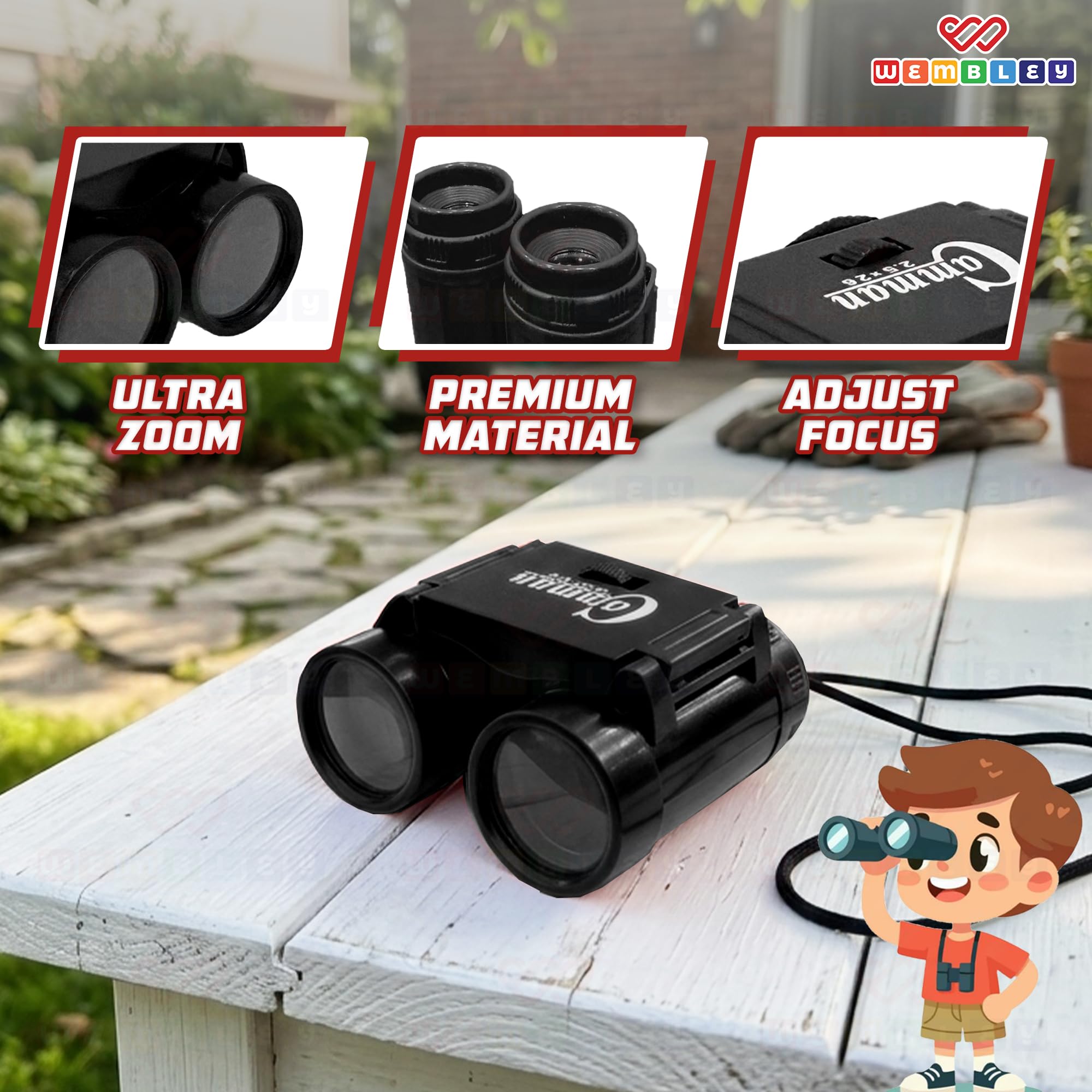 Wembley Mini Binoculars Toy for Kids | Compact and Portable Outdoor Binocular for Boys and Girls | Binocular Toy with Neck String, Focus Adjustment and Ultra Zoom | Educational Birthday Gift (Black) 2