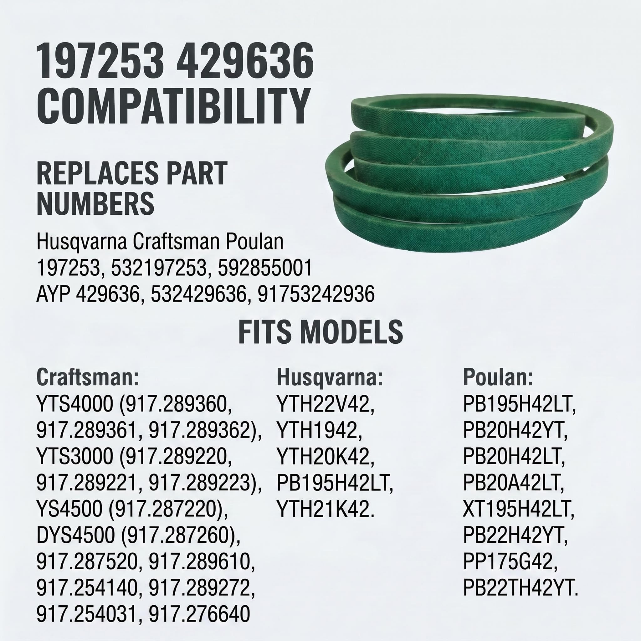 197253 429636 - Correa de transmisión para cortacésped compatible con Craftsman AYP Husqvarna Poulan, correa de transmisión de cubierta de cortacésped de 42 pulgadas 32197253 532429636 (0.5 x 101