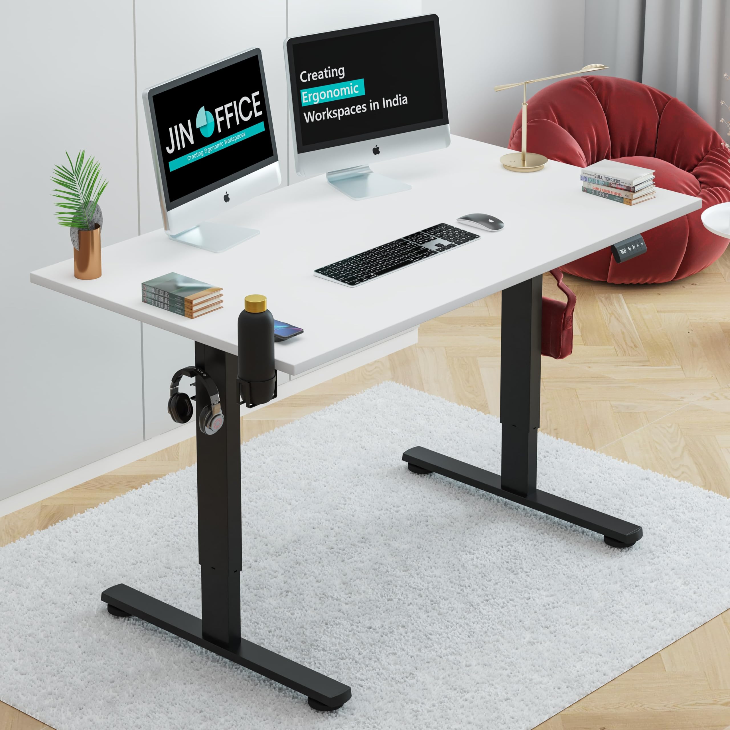 Octave Height Adjustable Desk Electric | Sit Stand Table, 80 Kg Wt. Cap, 2 Year Warranty| Standing Desk with Memory Preset, Cup Holder| Stability Crossbar| White 1200*750mm/25mm Thick Top