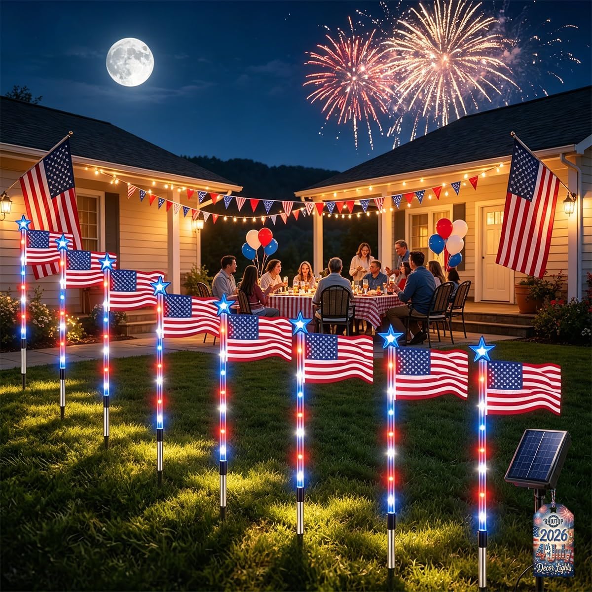 Solar American Flag Stake Lights Outdoor, 8-Piece Set, Red, White & Blue LED Yard Decor Pathway Lights, 8 Modes with Timer, IP65 Waterproof, 4th of July Memorial Day Decor for Yard Garden Walkway
