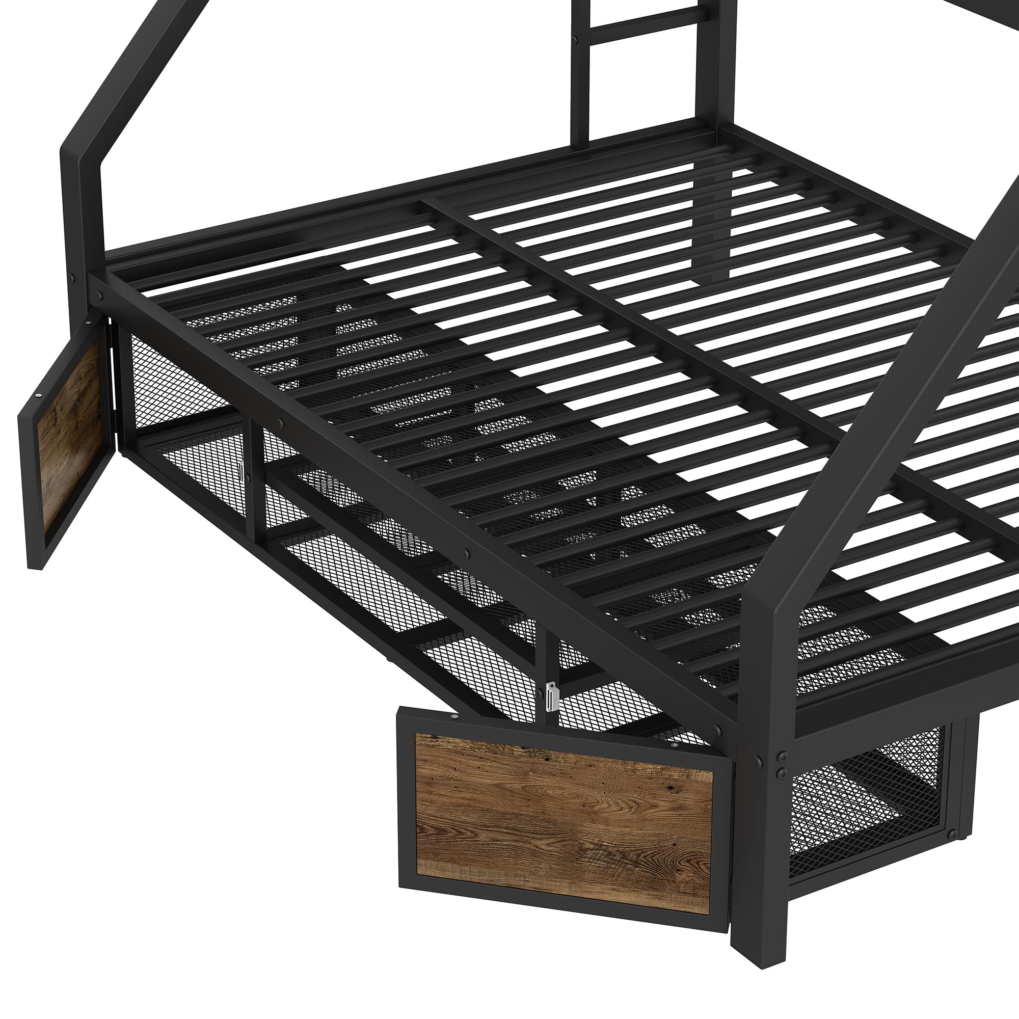 Cama apilable 90 x 200 cm+140 x 200 cm, cama infantil, con zapatero, compartimentos de almacenamiento, barandillas de seguridad, escalera, certificada EN747, sin colchón (Negro)