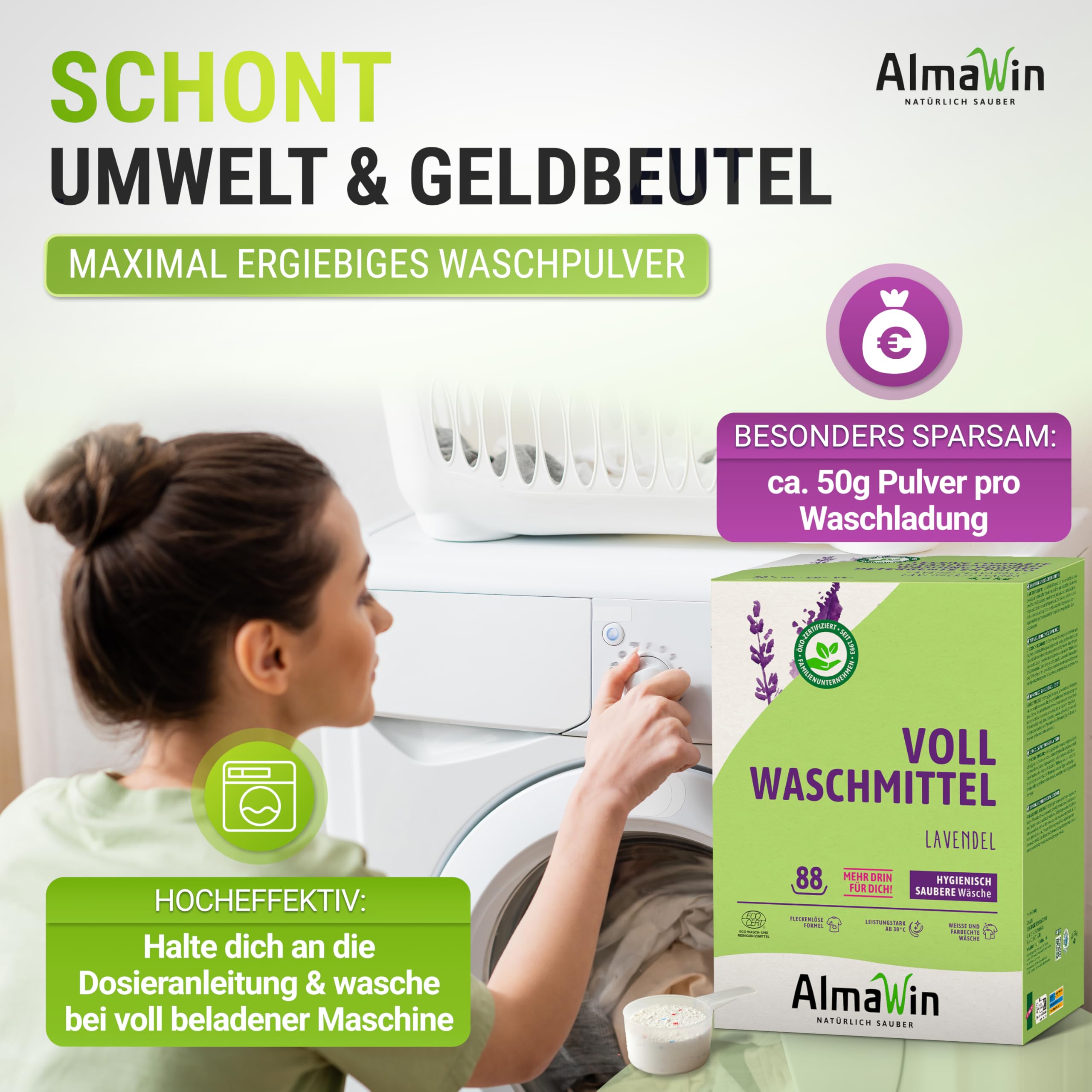 AlmaWin® Vollwaschmittel Pulver [4,6kg - 88 Ladungen] mit Lavendel-Duft für strahlende Reinheit - Waschmittel Pulver für alle weißen & farbechten Textilien [30-95°C] - Veganes Voll-Waschpulver