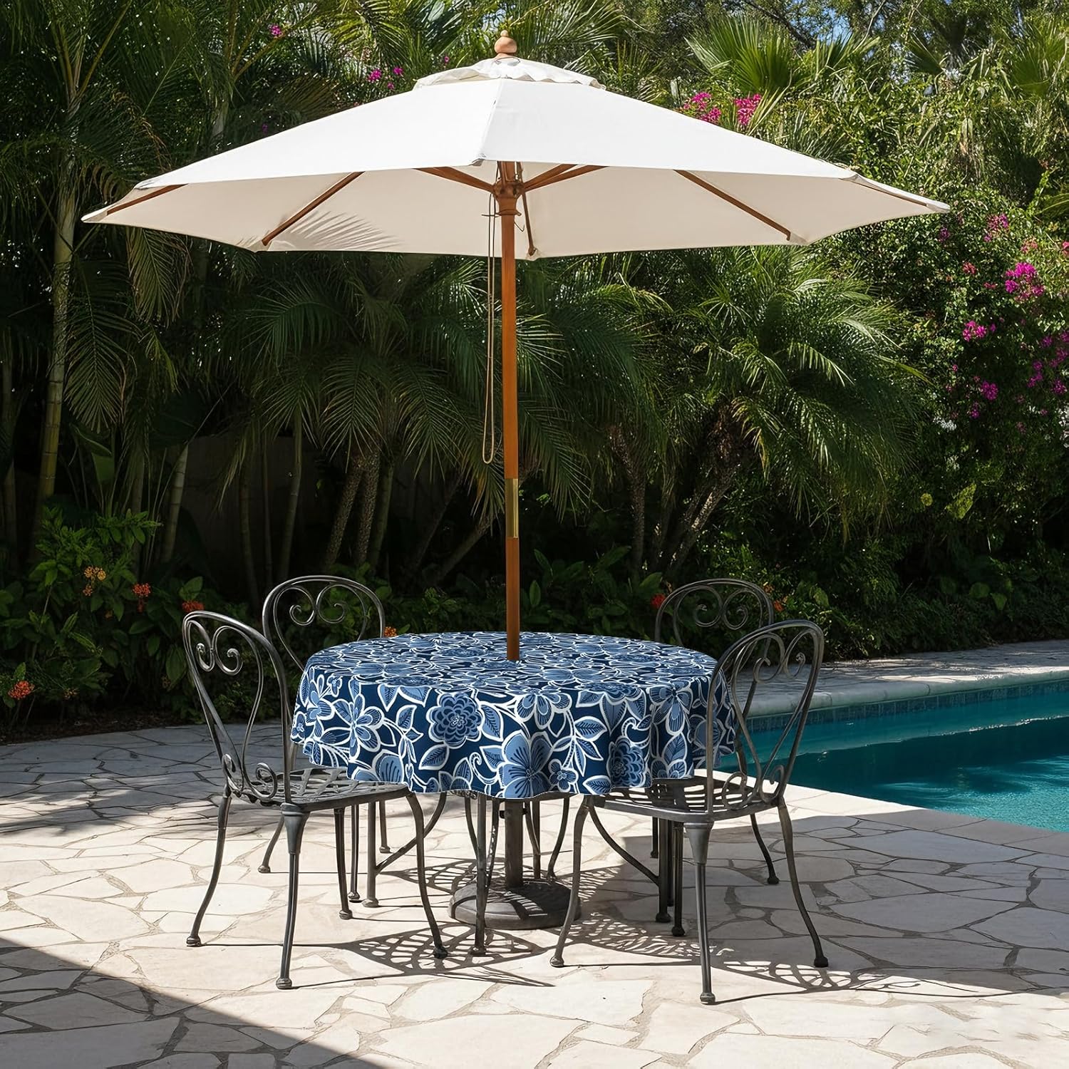 LVTXIII Round Outdoor Tablecloth with Zipper Umbrella Hole, Water-Repellent 60 Inch Patio Table Cover for Bistro, Garden, Patio & Picnic, Flower Navy