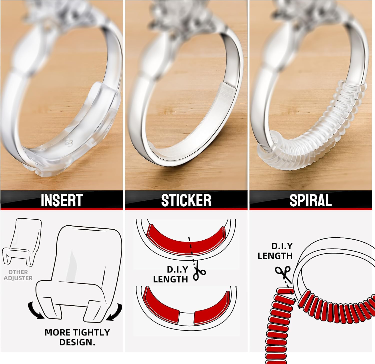 Omilly Ring Sizer Adjuster for Loose Rings - 62 Piece Set with 3 Styles (Ring Spacers, Spiral, Sticker), Fits Ring Widths 1-10mm, Invisible Design for Women & Men