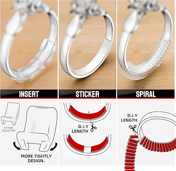 Omilly Ring Sizer Adjuster for Loose Rings - 62 Piece Set with 3 Styles (Ring Spacers, Spiral, Sticker), Fits Ring Widths 1-10mm, Invisible Design for Women & Men