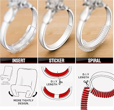 Omilly Ring Sizer Adjuster for Loose Rings - 62 Piece Set with 3 Styles (Ring Spacers, Spiral, Sticker), Fits Ring Widths 1-10mm, Invisible Design for Women & Men