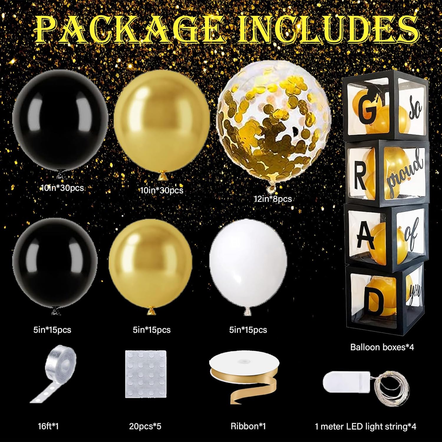 2025 Graduation Party Decorations 132Pcs Black Gold Balloons Garland Arch Kit, Graduation Balloon Boxes with Light Strings for College High School Grad Party Supplies