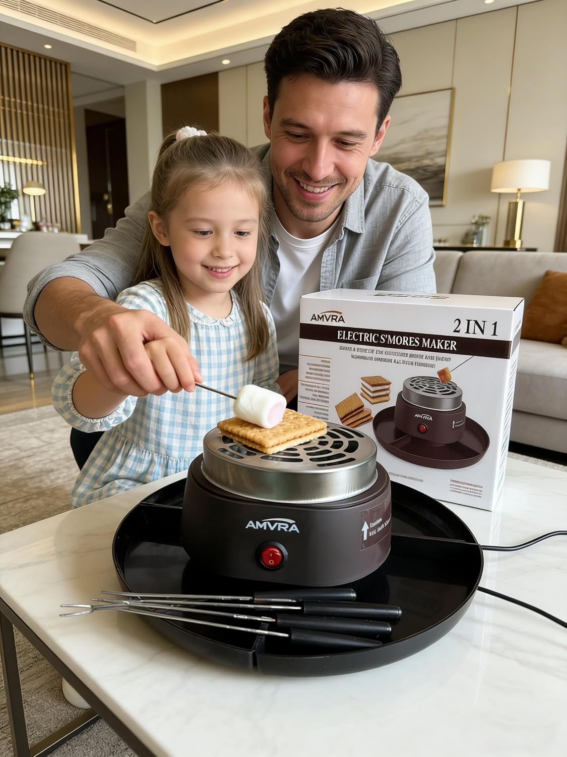 AMVRA Indoor Electric S'Mores Maker Smores Kit with 4 Stainless Steel Marshmallow Roasting Sticks and 4 Trays for Graham Crackers, Chocolate, and Marshmallows - Movie Night Supplies - Black