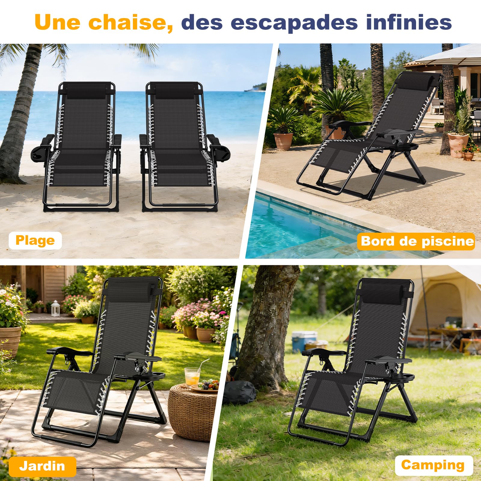 Dripex Chaise Longue Jardin Exterieur, Transat Support 150kg - Noir | Pliante Inclinable, avec Plateau, Tête Amovible