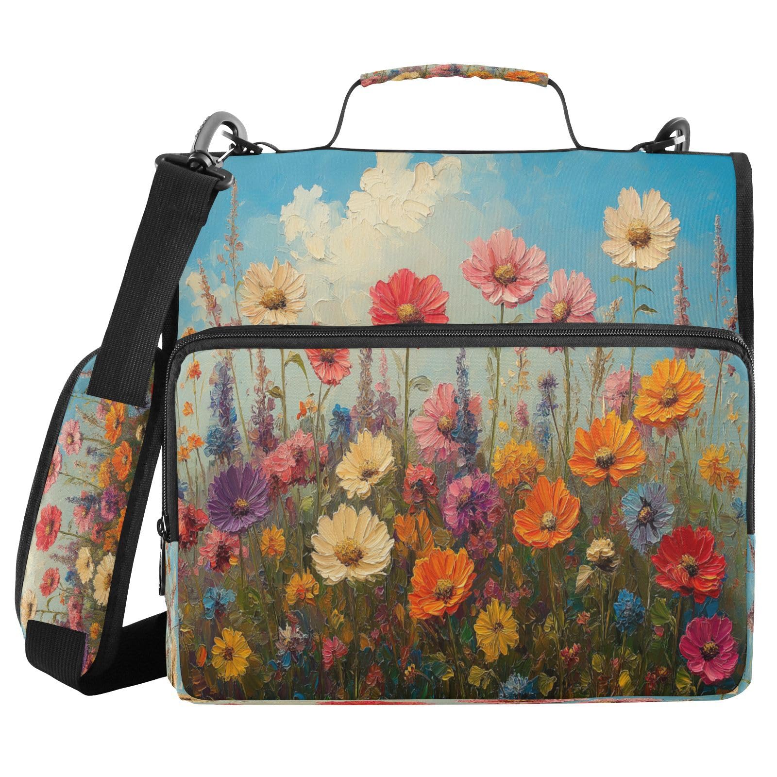 Blueangle Wild Flowers Oil Painting Zipper Binder, 1.5-Inch 3-Ring Binder Bag Holds 500 Pages, Multi-Pocket Zipper Organizer with Adjustable Strap &