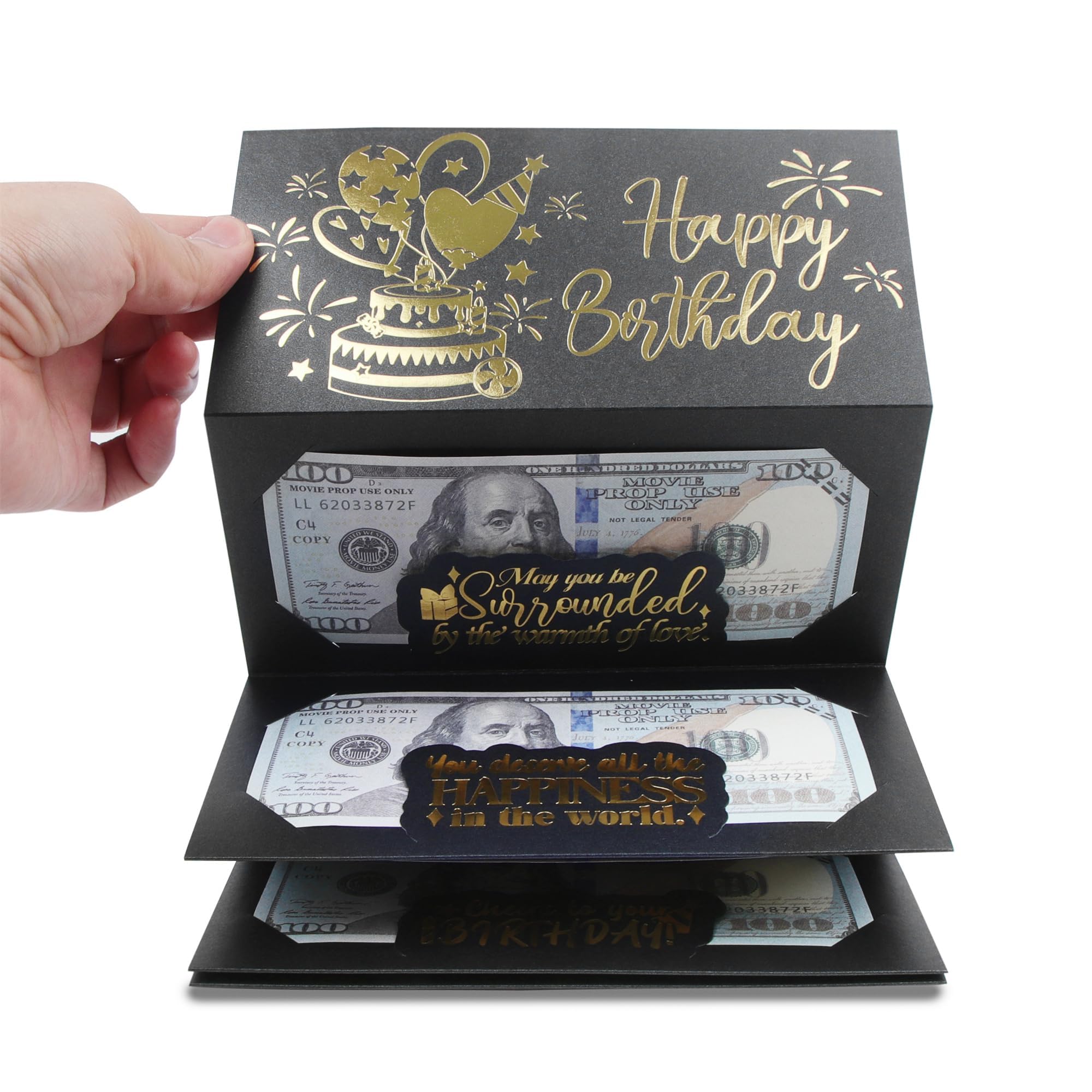 HOMANGA Birthday Money Envelope for Cash Gifts, Surprise Birthday Card for Men Women Kids, Birthday Gifts for Men Women Girls Boys Black Gold