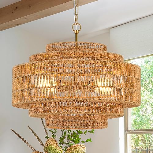 Miniatura 20 de Candelabro de Ratán Tejido a Mano para Comedor Candelabro Bohemio de 20 Pulgadas Candelabros de Bambú Estilo Granja 4 Luces Lámparas Vintage Oro