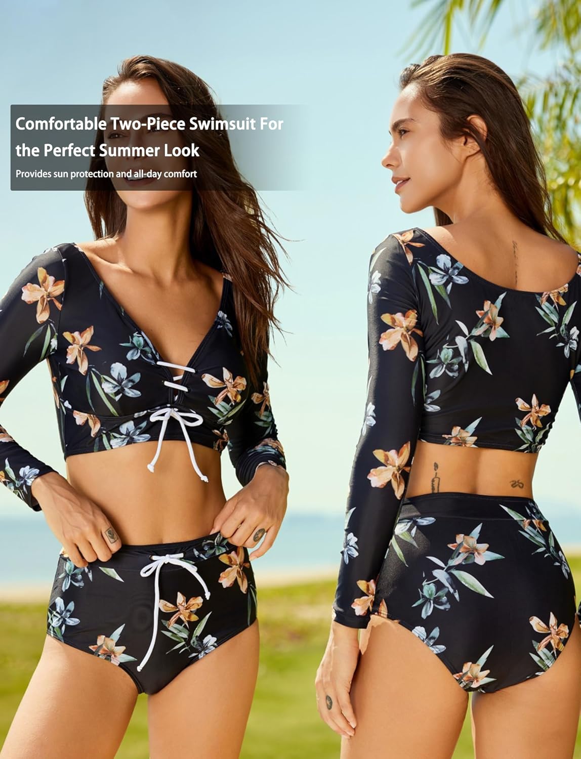 FEOYA Two Piece Bathing Suit for Women Long Sleeve Crop Top with Swim Bottom Lace Up Rash Guard Swimsuit S-XL - Image 4