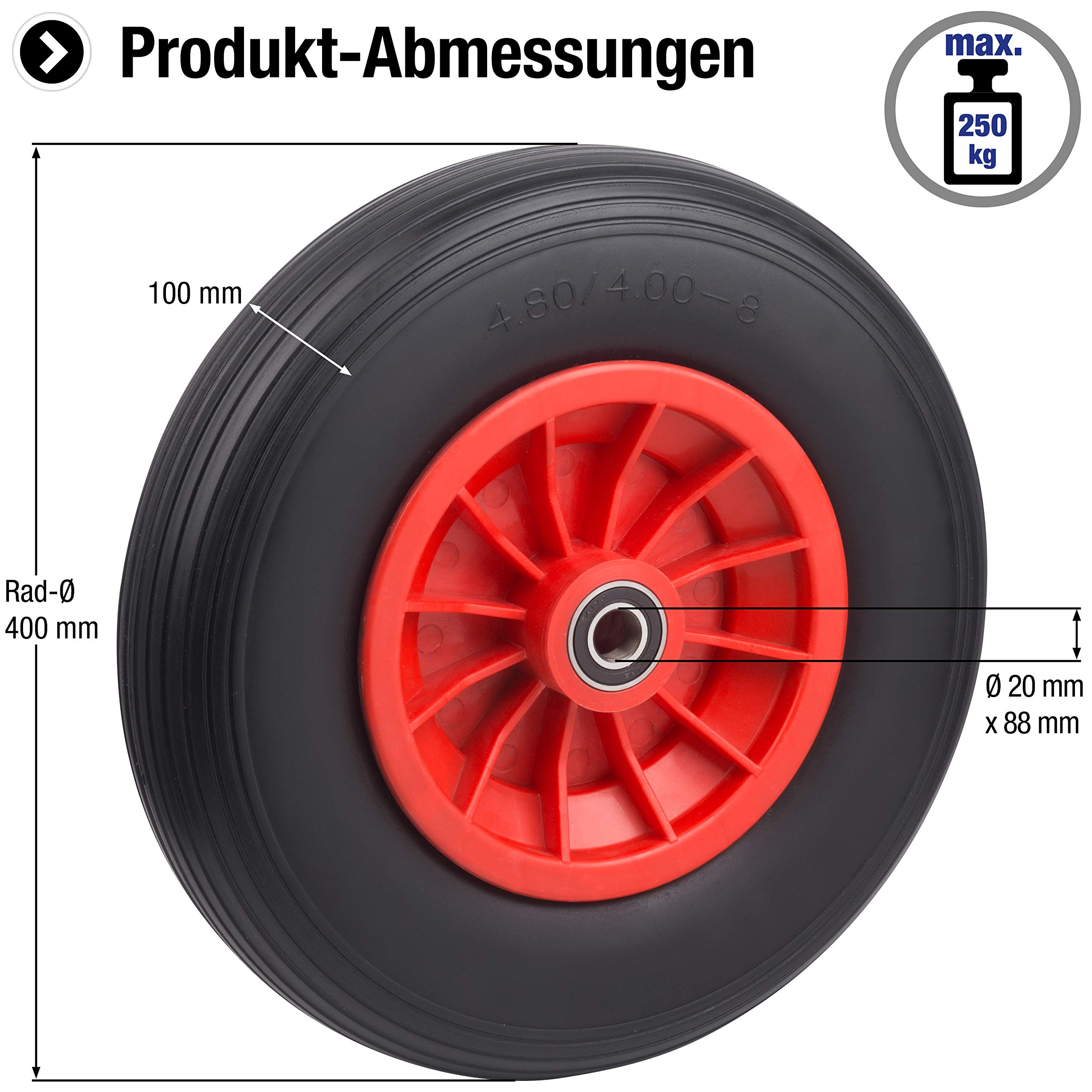 Metafranc Roue Increvable Ø 400 mm – Jante PVC – Type 4.80/4.00 – 8 – 100 kg – Roulement à billes/Roue en caoutchouc plein pour brouette