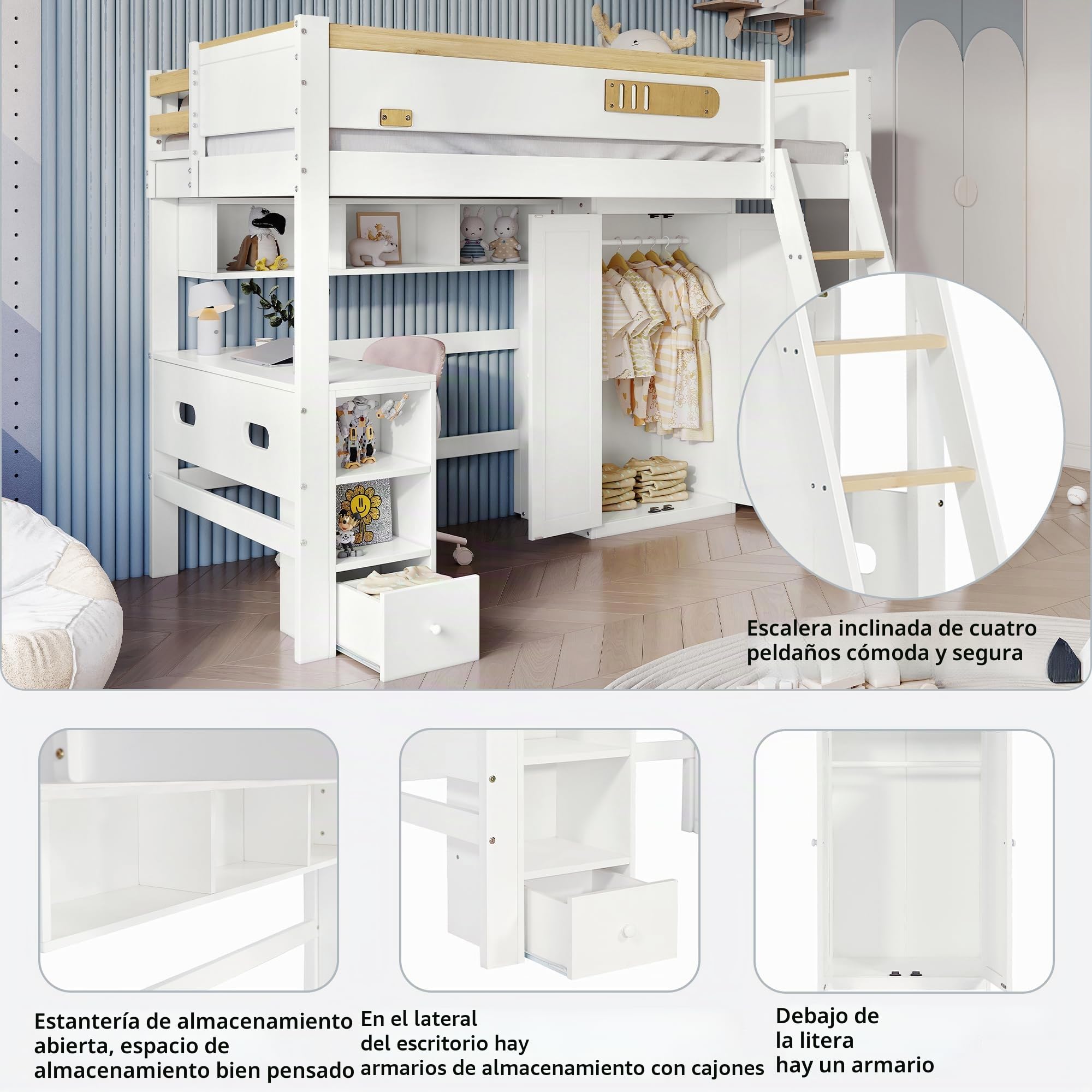 Cama Alta para Niños 90 x 200 cm, Litera con Rejilla de Protección, Mesa, Armario y Estantería Abierta - Amplio Espacio de Almacenamiento