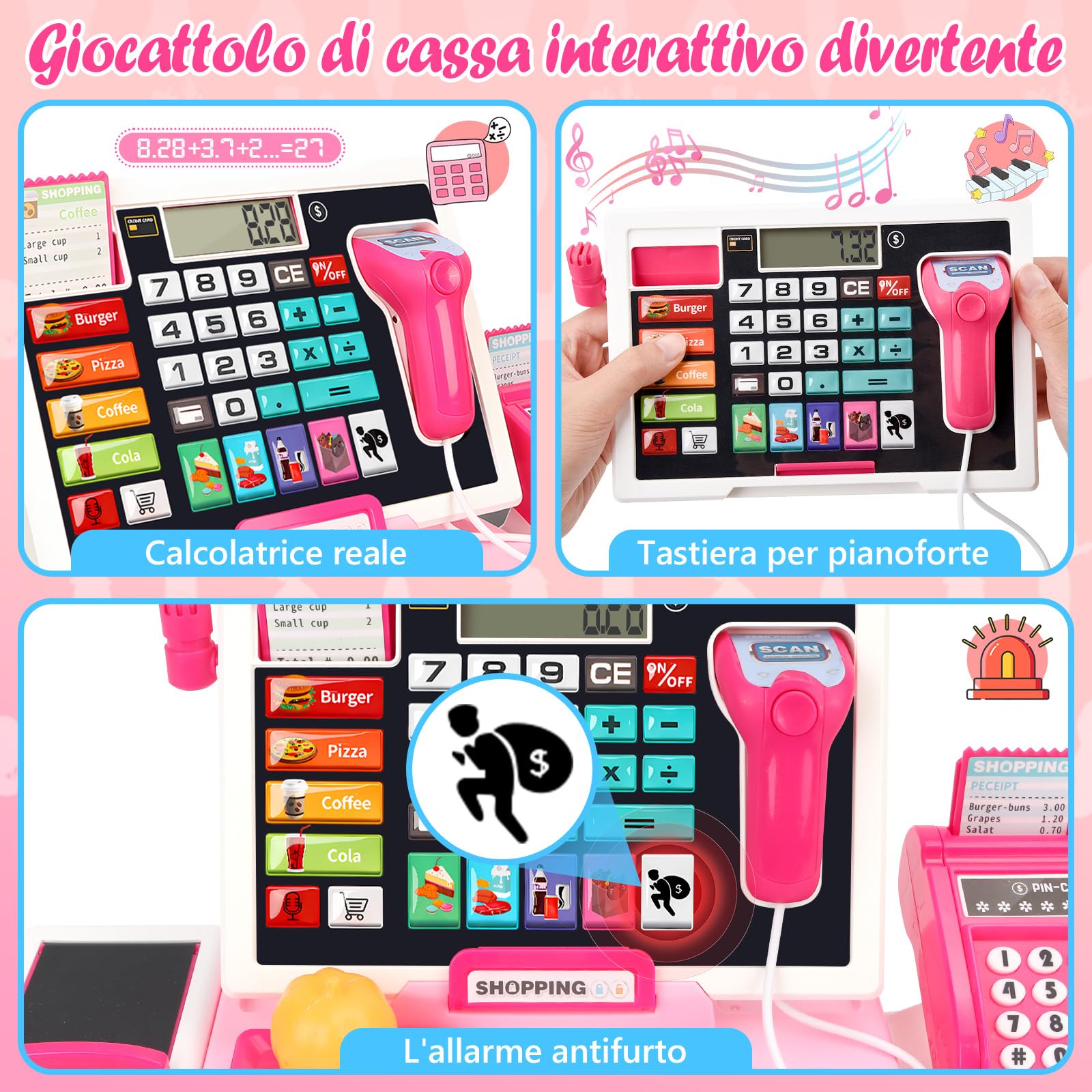 IEEILULU Cassa Giocattolo per Bambini, Cassa Supermercato Giocattolo - Con 52 Accessori(Vera Calcolatrice/Scanner/Soldi Finti/Cibo, Ecc.), Giocattolo Educativo Regalo per Ragazze Ragazzi 3 4 5 6 7 8