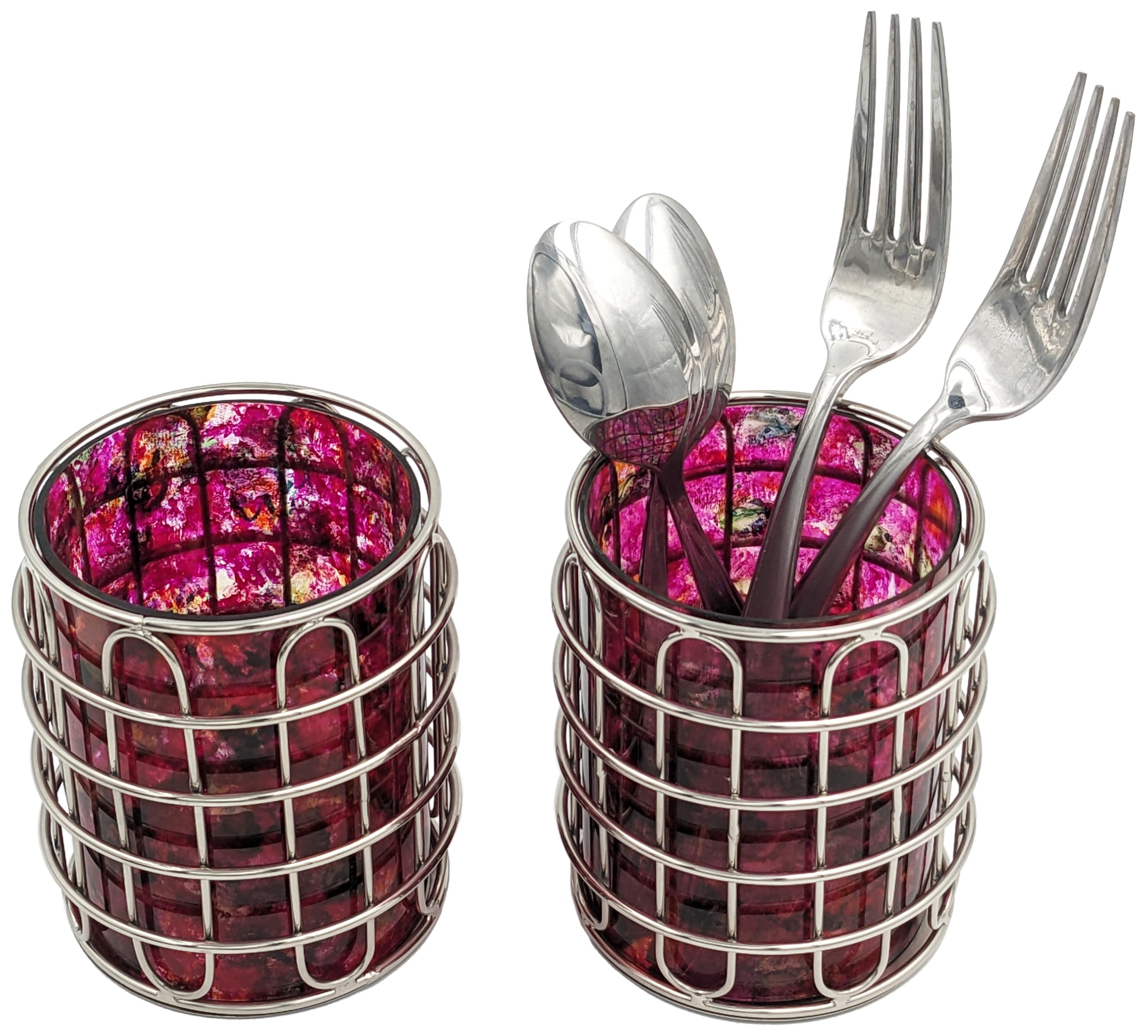 SciencePurchase Set of 2 Elegant Stainless Steel and Glass Cutlery Holders for Silverware, 3.1-inch Wide x 4-inch Tall (Silver with Pink Glass)