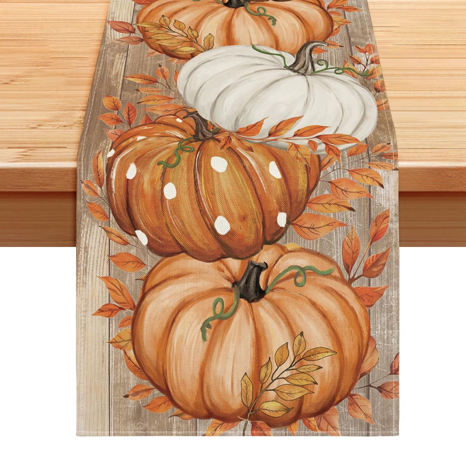 Autumn Table Runner, 33x183cm Pumpkin Leaves Thanksgiving Decor