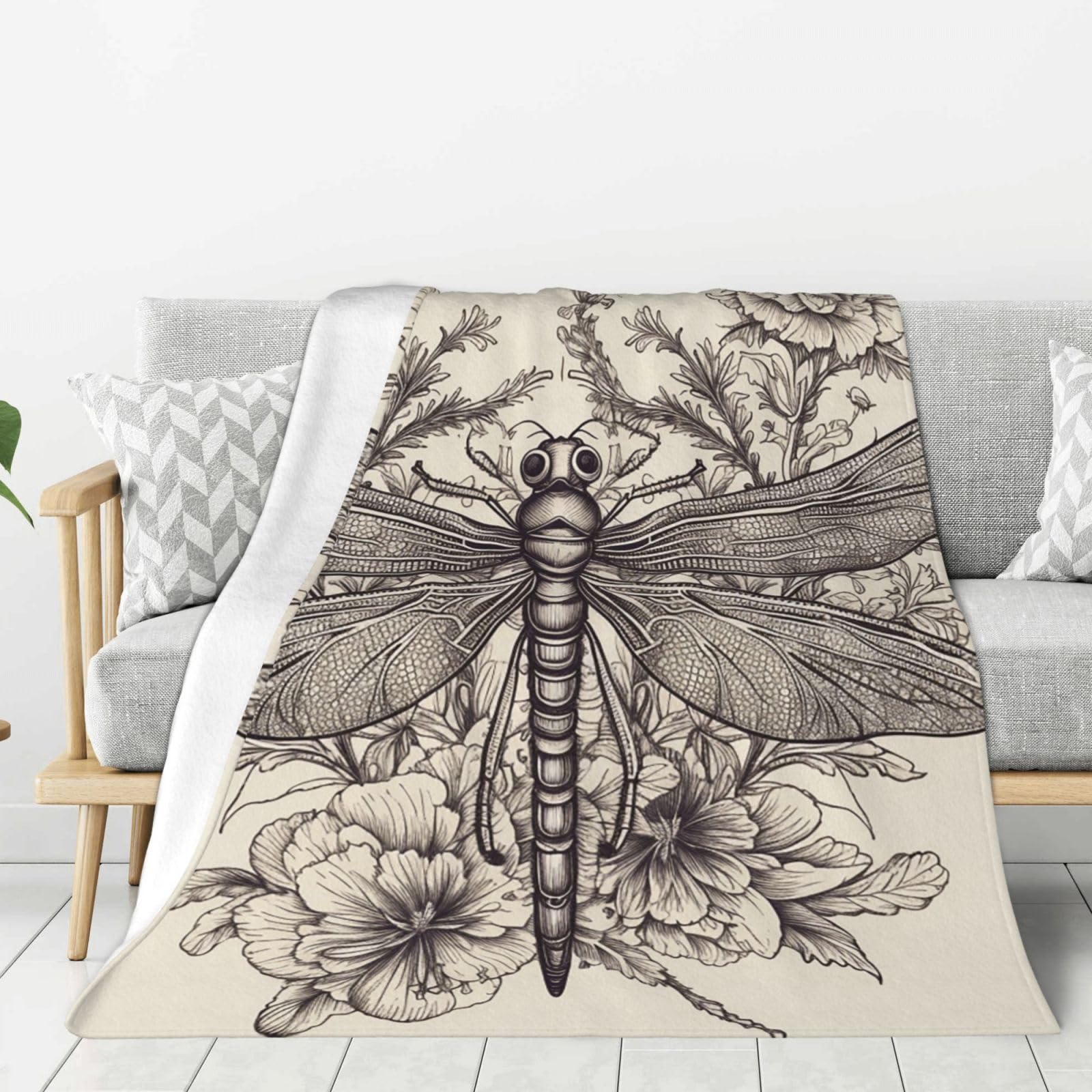 Hand Drawn Floral Dragonfly Throw Blanket Plush Flannel Fleece Blanket, Soft Lightweight Cozy Blankets 40"X30" for Bed Couch Sofa Travel