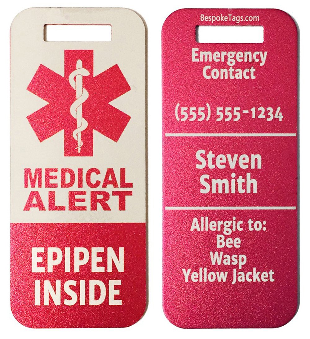 Medic Alert Tag Epipen Inside - Customized Engraved Info (Red)