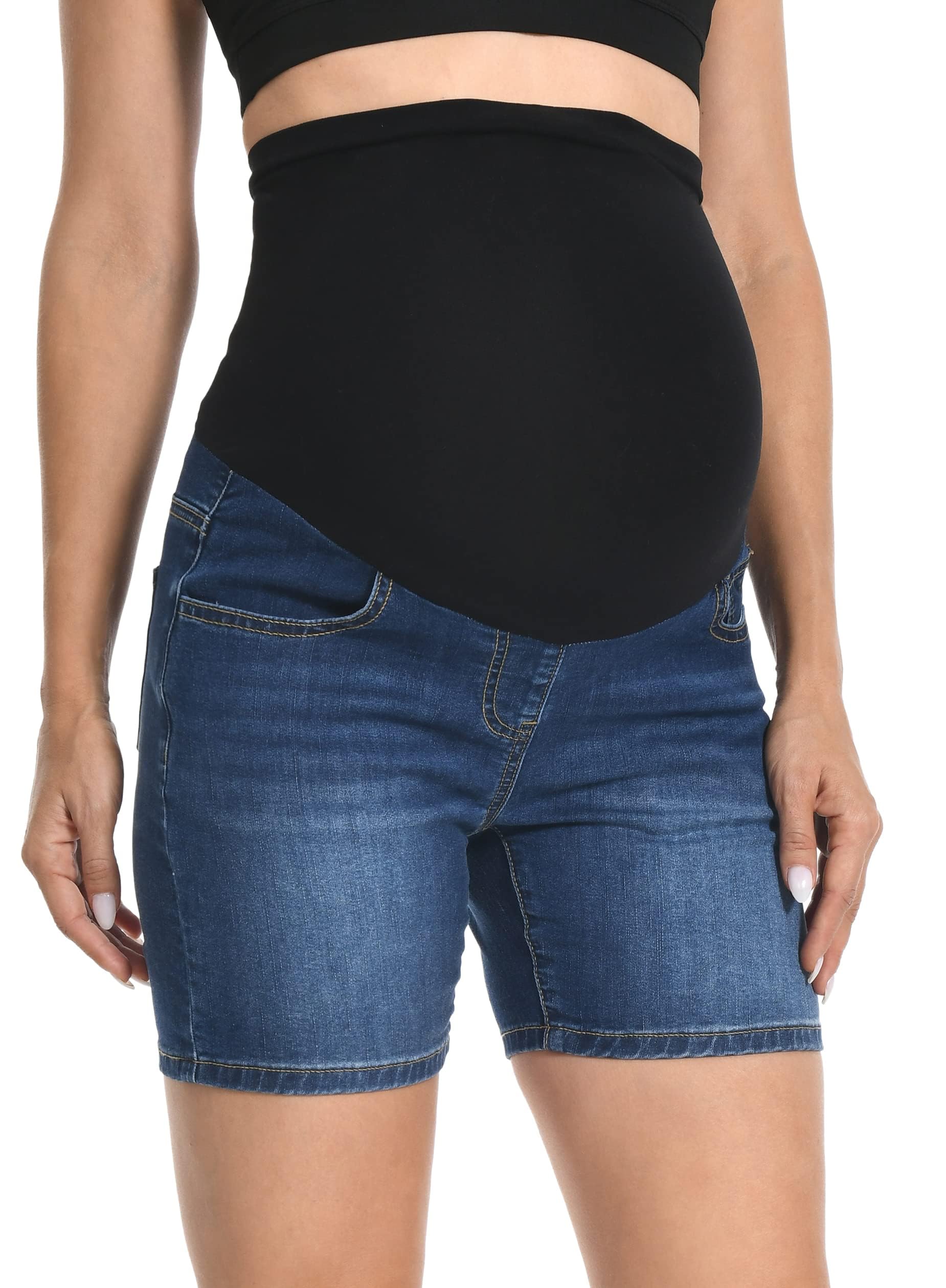 Vaqueros Cortos de Maternidad de Cintura Alta con Soporte Abdominal y Cinco Bolsillos para Verano y Uso Diario