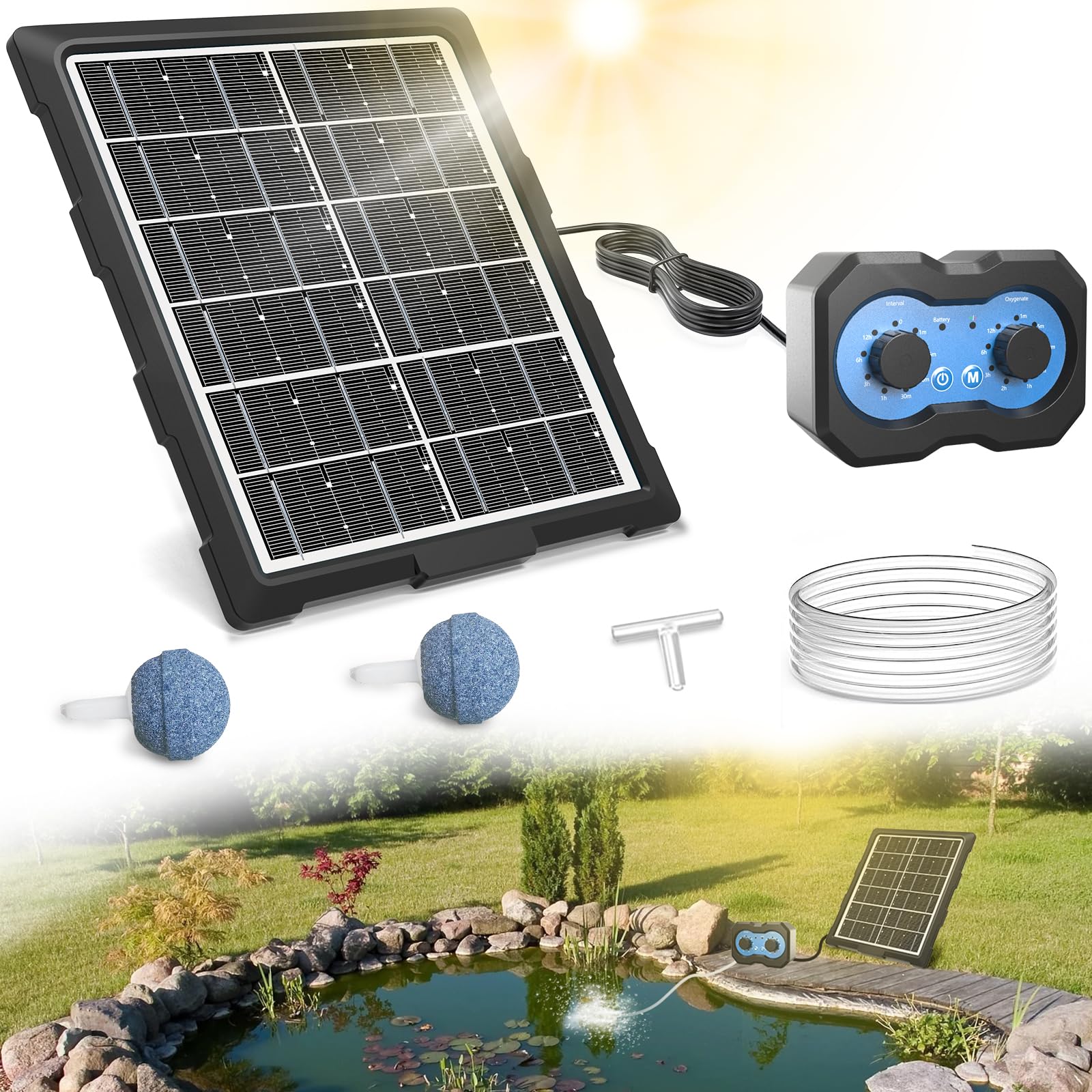 Pompe à air solaire oxygénateur pour étang, bouton de rotation simple, aérateur solaire pour étangs extérieurs avec fonction de minuterie, pour jardin, aquarium, piscine, étang de pêche