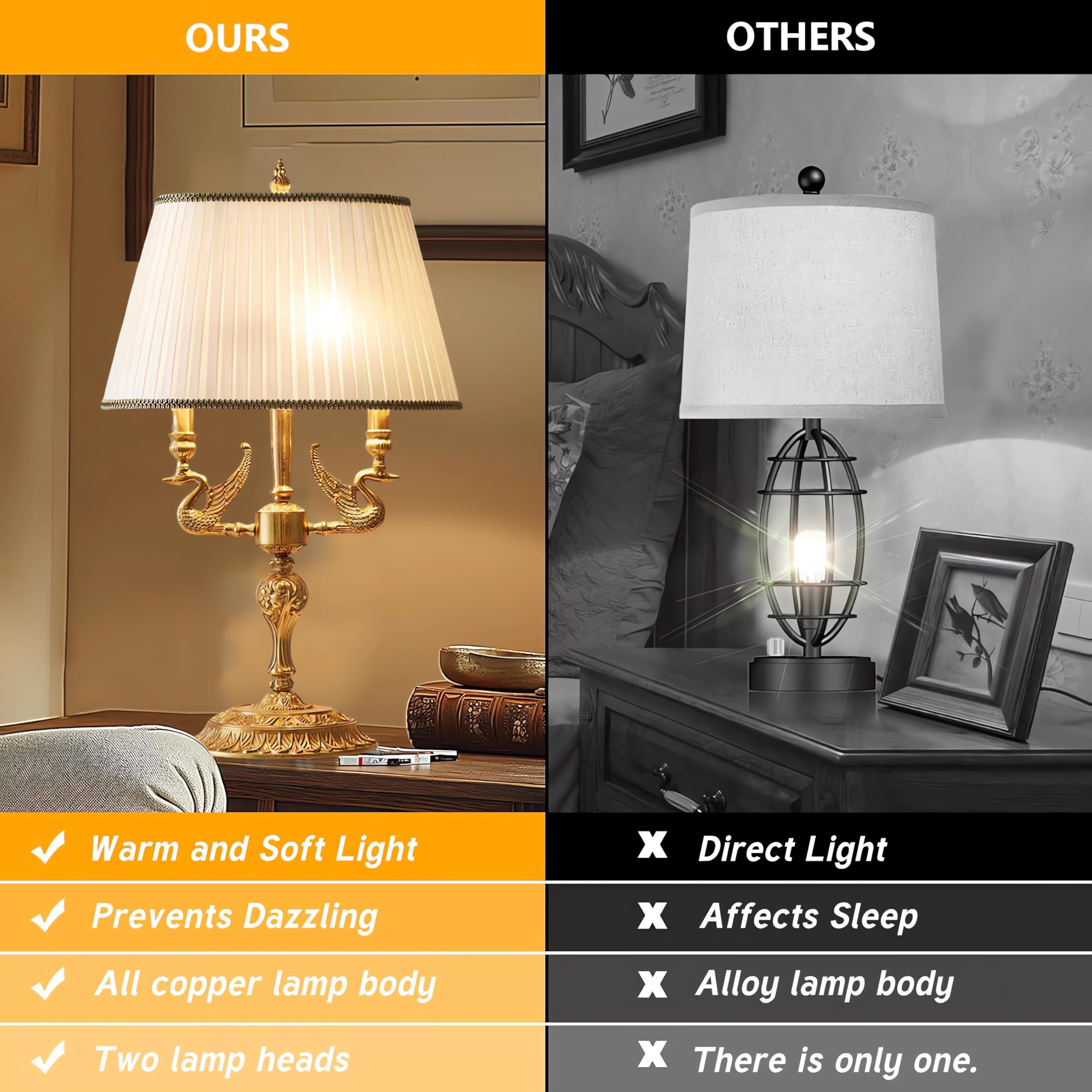 Lampa biurkowa w stylu francuskim, dwuramienna, w całości z miedzi, z żarówkami E14, ciepłe, miękkie światło do czytania, idealna na stolik nocny lub do gabinetu