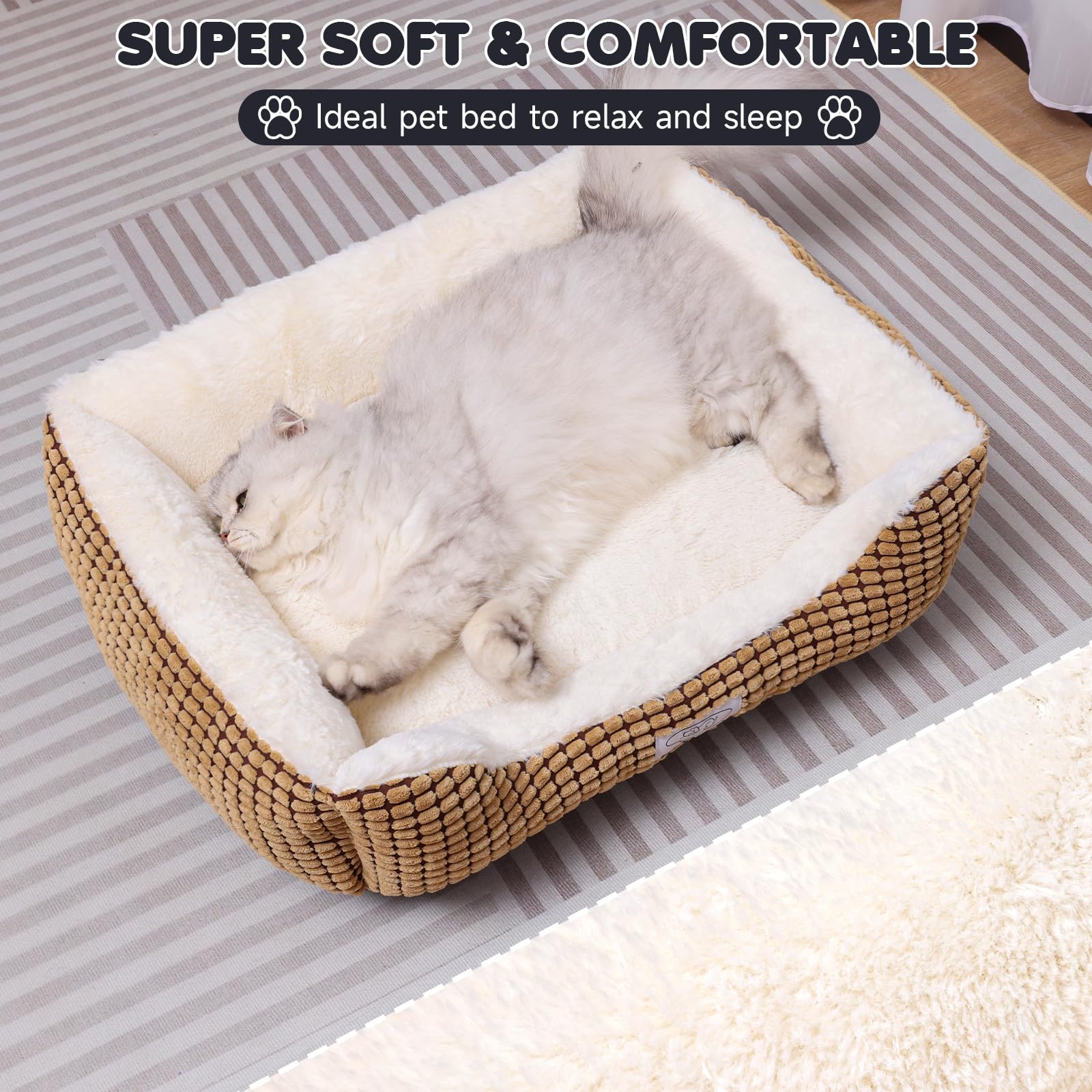 Baodan Small Dog Bed, Washable Cat Bed for Small Pet Rectangle Dog Bed With Non-Slip Bottom, Anti-anxiety and Soft, Beige 50x40 cm - Image 2