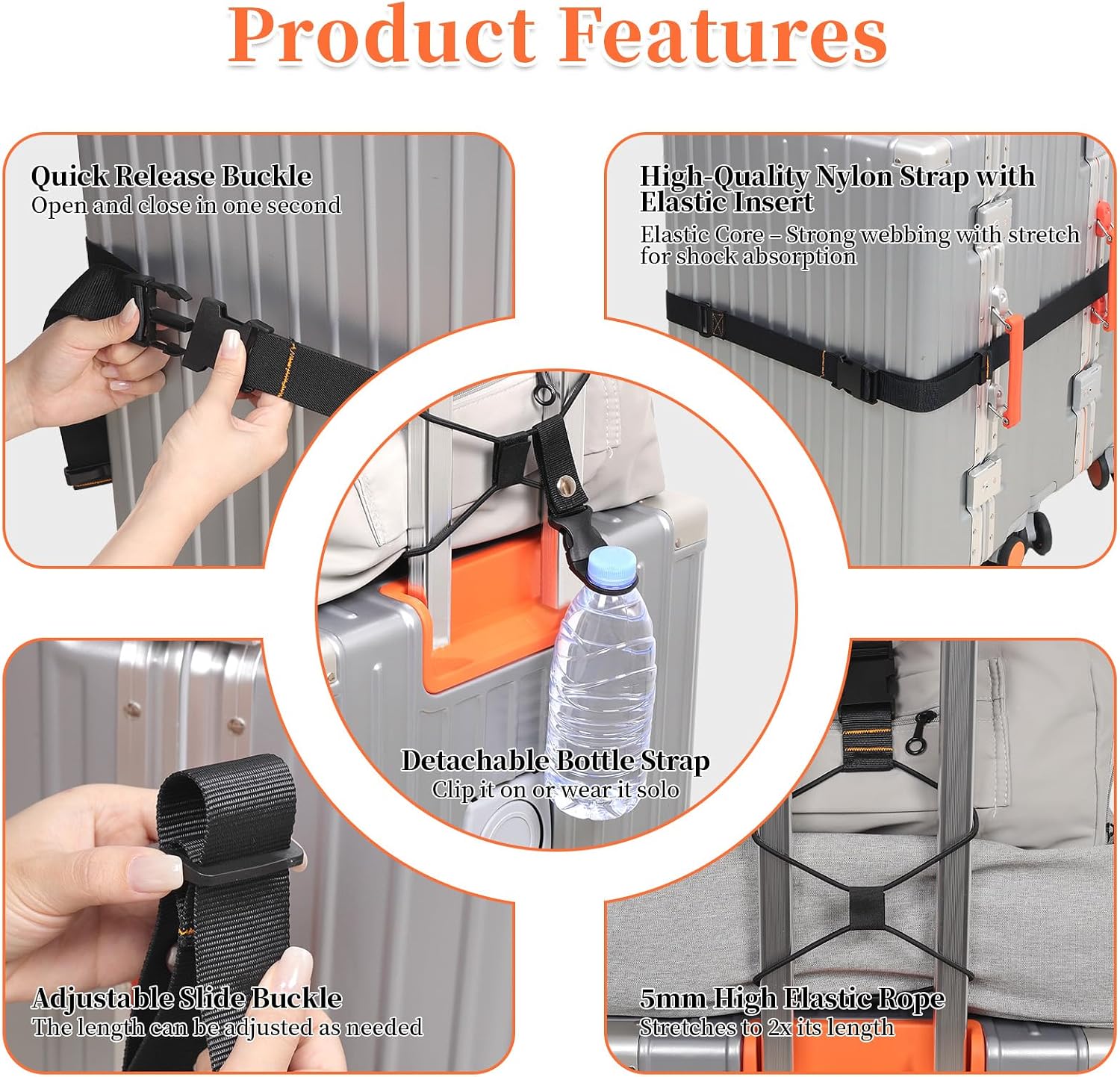 3 Pack Luggage Straps for Suitcases, Luggage Connector Strap, Adjustable Elastic Belt for Connecting Two Suitcases and Add A Bag with Bottle Clip Travel Accessories