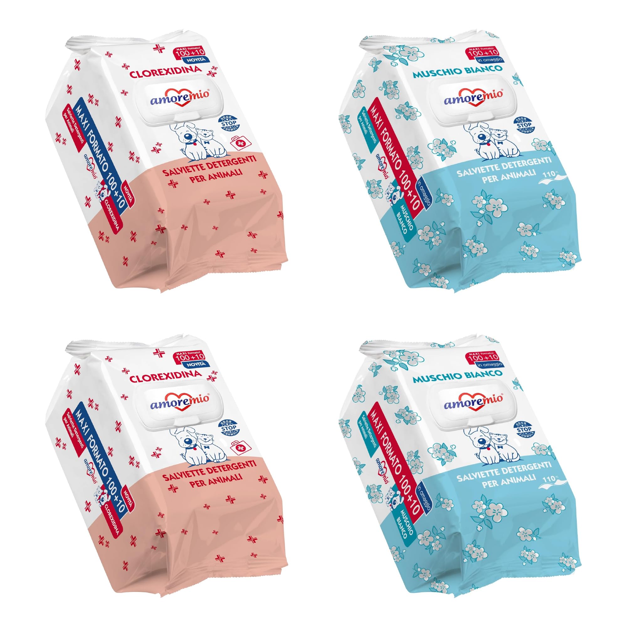 AMORE MIO | 440 Salviette con Clorexidina e Muschio Bianco Maxi Formato, Igienizzanti, per Il Manto di Cani, Gatti e Animali Domestici, Disinfettanti 30x20 cm - 4 Confezione da 110 Salviettine