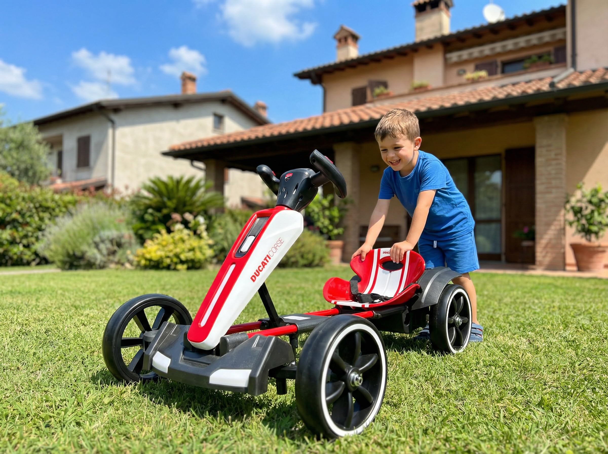 Ducati Corse Speed Kart - Kart elettrico per bambini e ragazzi pieghevole con luci e suoni, marcia avanti e indietro, 6 km/h, bianco e rosso