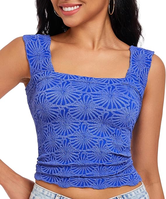Women's Square Neck Wide Strap Crop Tank Tops Flower Going Out Tops Slim Fit Lettuce Trim Crop Cami Tops