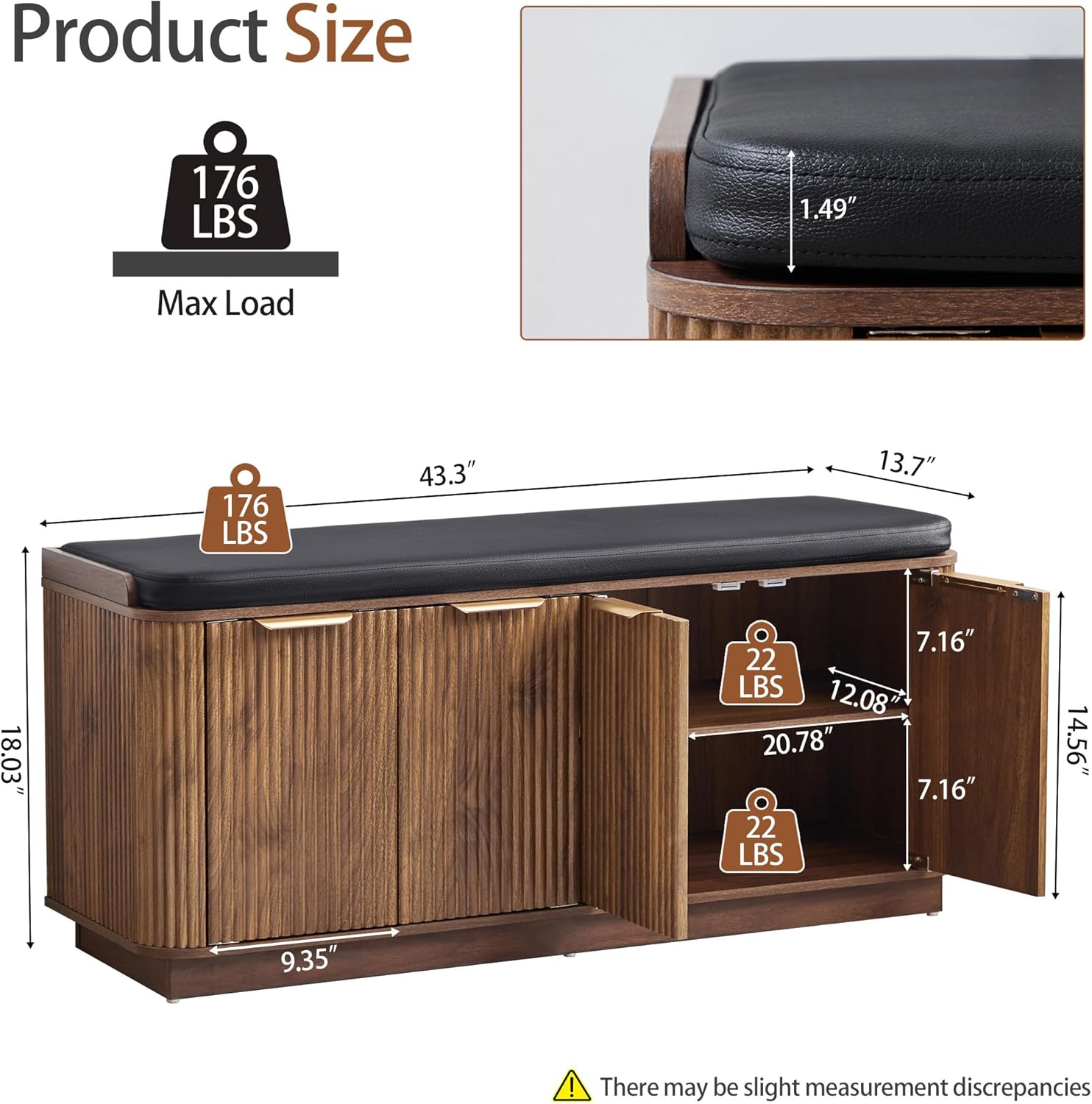 43.3''W Fluted Entryway Shoe Storage Bench with 4 Doors and Adjustable Shelf, 2-Tier Entry Bench Seat with Shoe Storage and Cushion, Shoe Cabinet Bench for End of Bed, Foyer, Hallway -Walnut