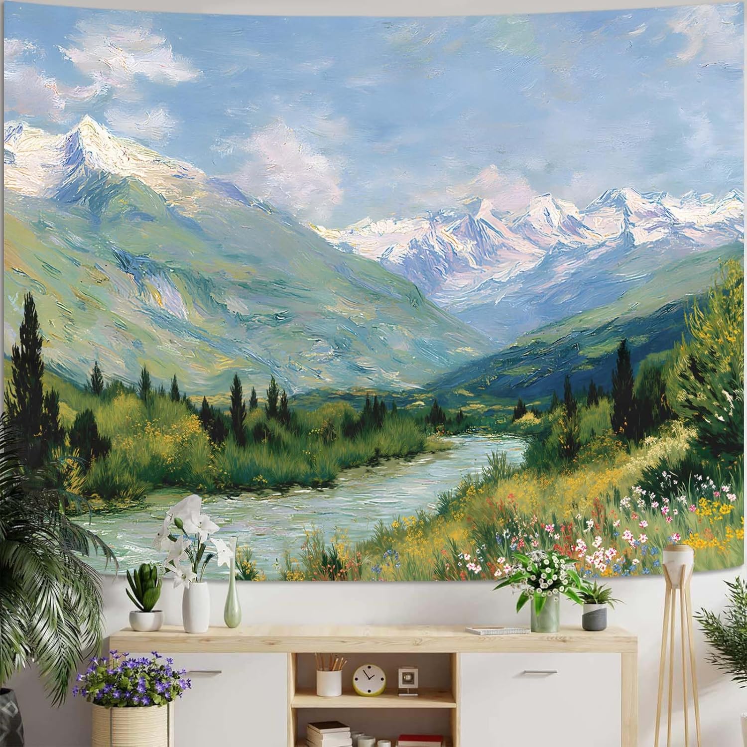 Yeoiat Tapestry Alpine Mountain River Landscape Oil Painting Wall Art Artistic Hand-Painted Look Fine Art Meadow Flowers Decor 90"x70"