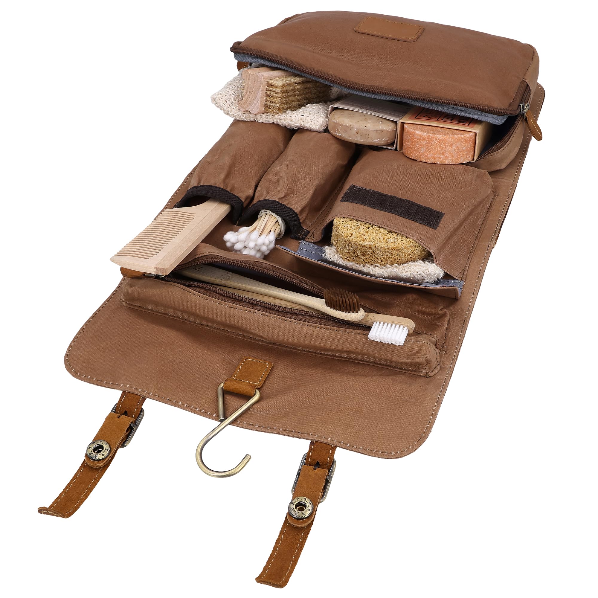 Gusti Rodney - Bolsa de aseo de piel para mujer y hombre, para colgar, neceser de viaje, neceser de maquillaje, organizador, artículos de tocador, lona, piel, marrón claro, talla única, Sencillo y