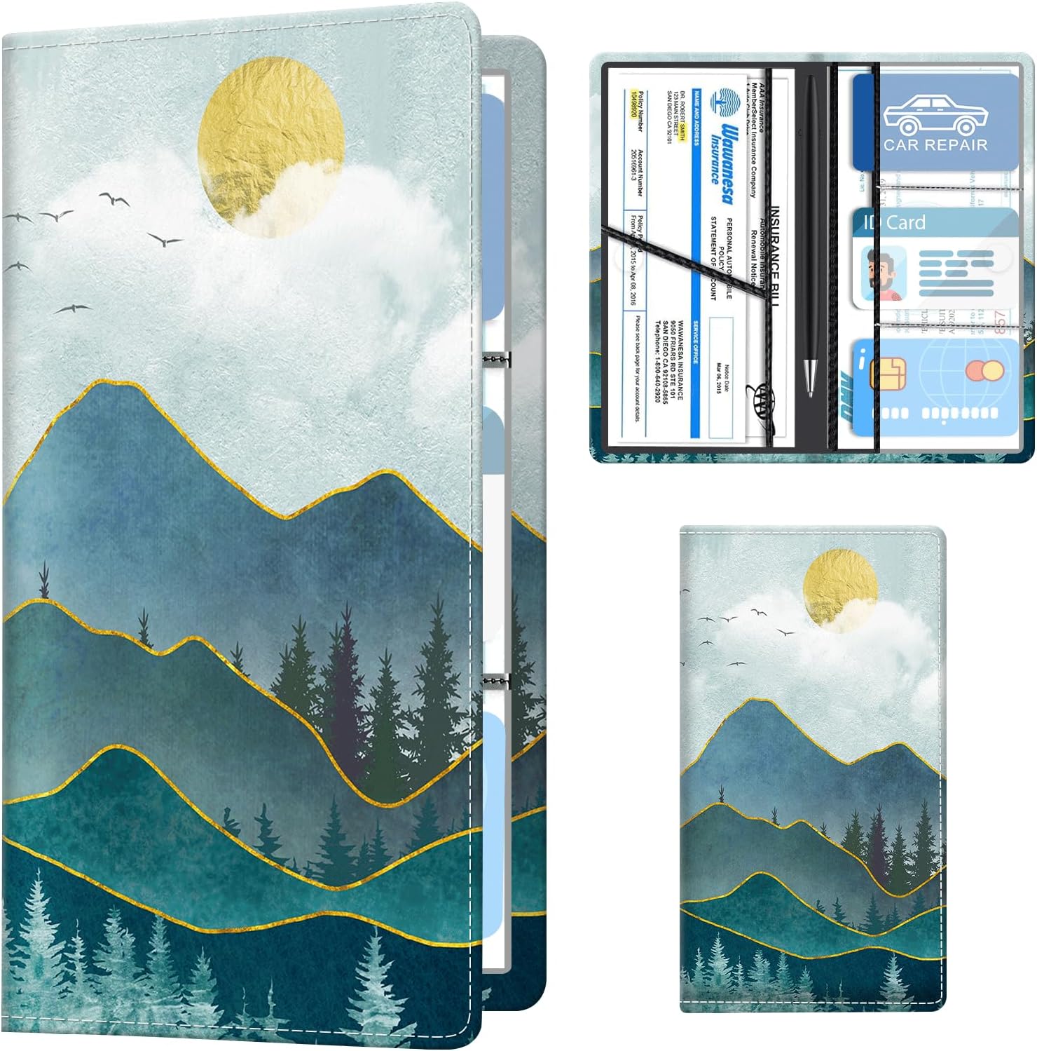 Leather Car Registration and Insurance Holder, Premium Vehicle Glove Box Car Organizer with Magnetic Shut, Cute Interior Car Accessories Watercolor Blue Mountain